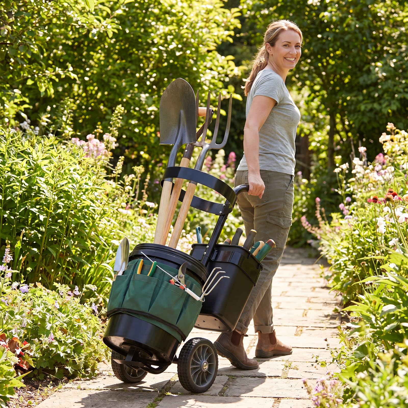 COSTWAY Carro de Jardín para Herramientas, Carrito de Transporte de Jardinería con 2 Cubos Desmontables, Bolsas de Tela Oxford, Estructura de Metal, Carretilla de Utensilios para Exterior