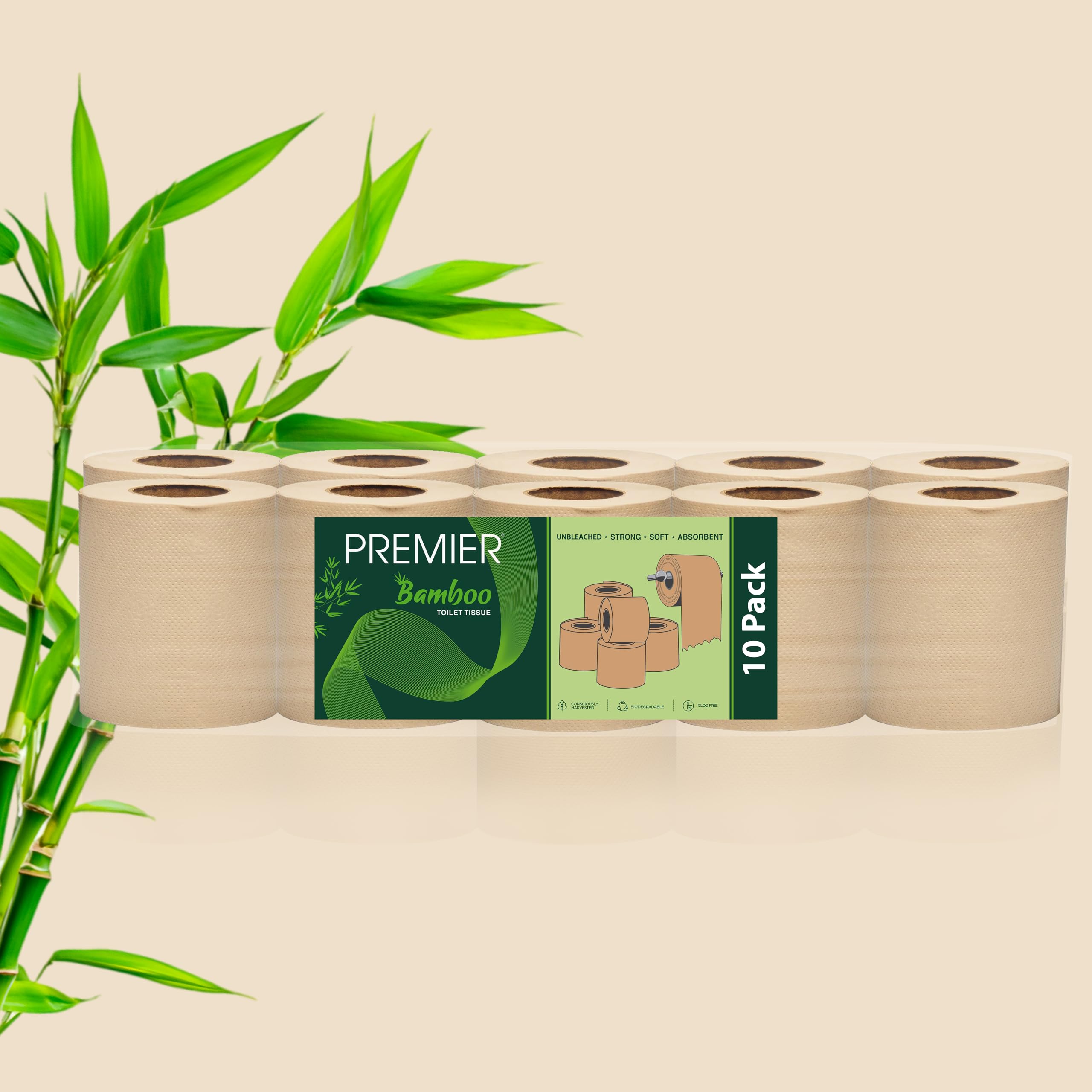 Premier 2-Ply Bamboo Toilet Tissue Rolls (3000 Pulls) (300 x 10 Rolls) | Tissue Paper Roll, Toilet Paper Roll - Eco Frie