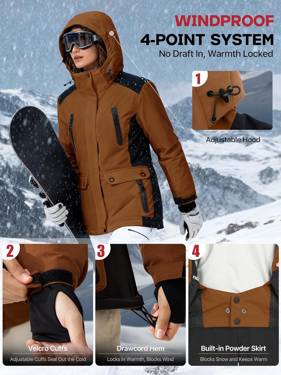FREE SOLDIER Women's Waterproof Ski Snow Jacket Warm Fleece Lined Winter Rain Jacket with Hood Fully Taped Seams - Image 5