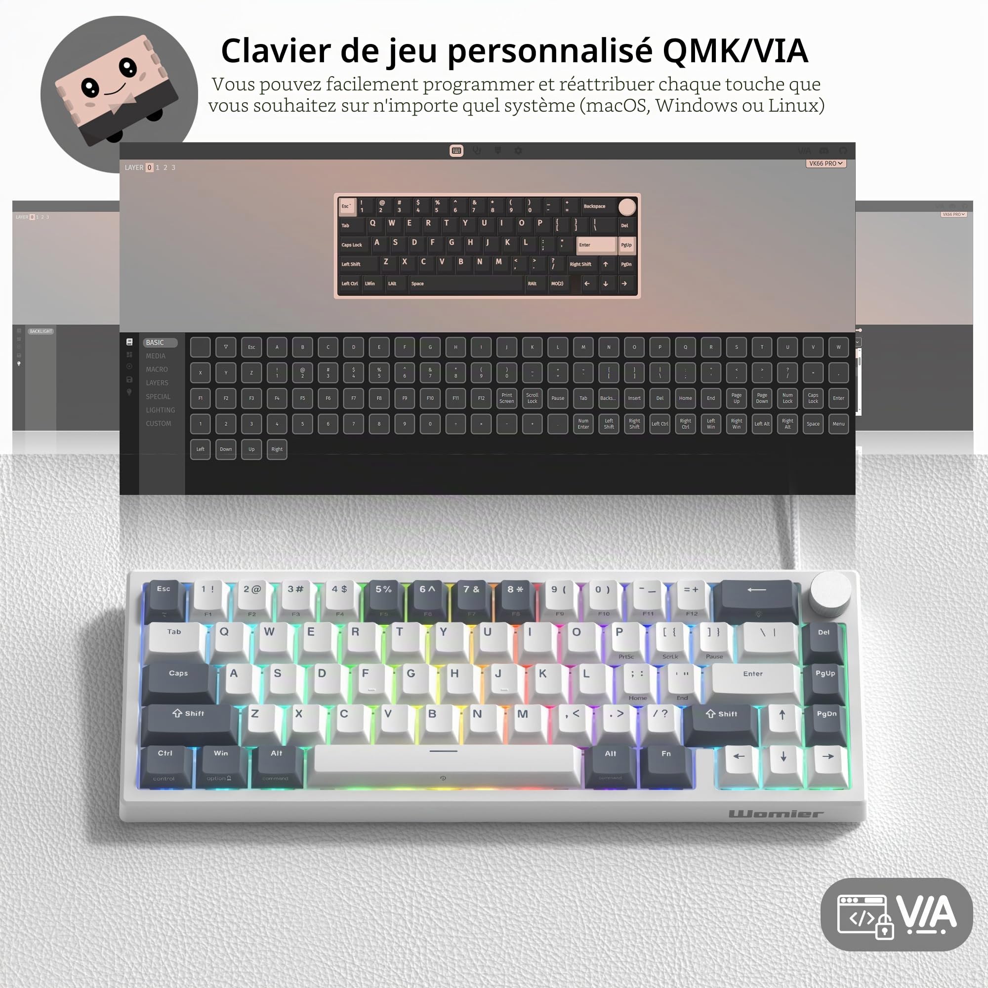 Womier Clavier de Jeu mécanique à 60% avec remplaçable à Chaud, Filaire, commutateurs linéaires Pom, LED crémeux, Touches PBT pour Mac/Win, Blanc