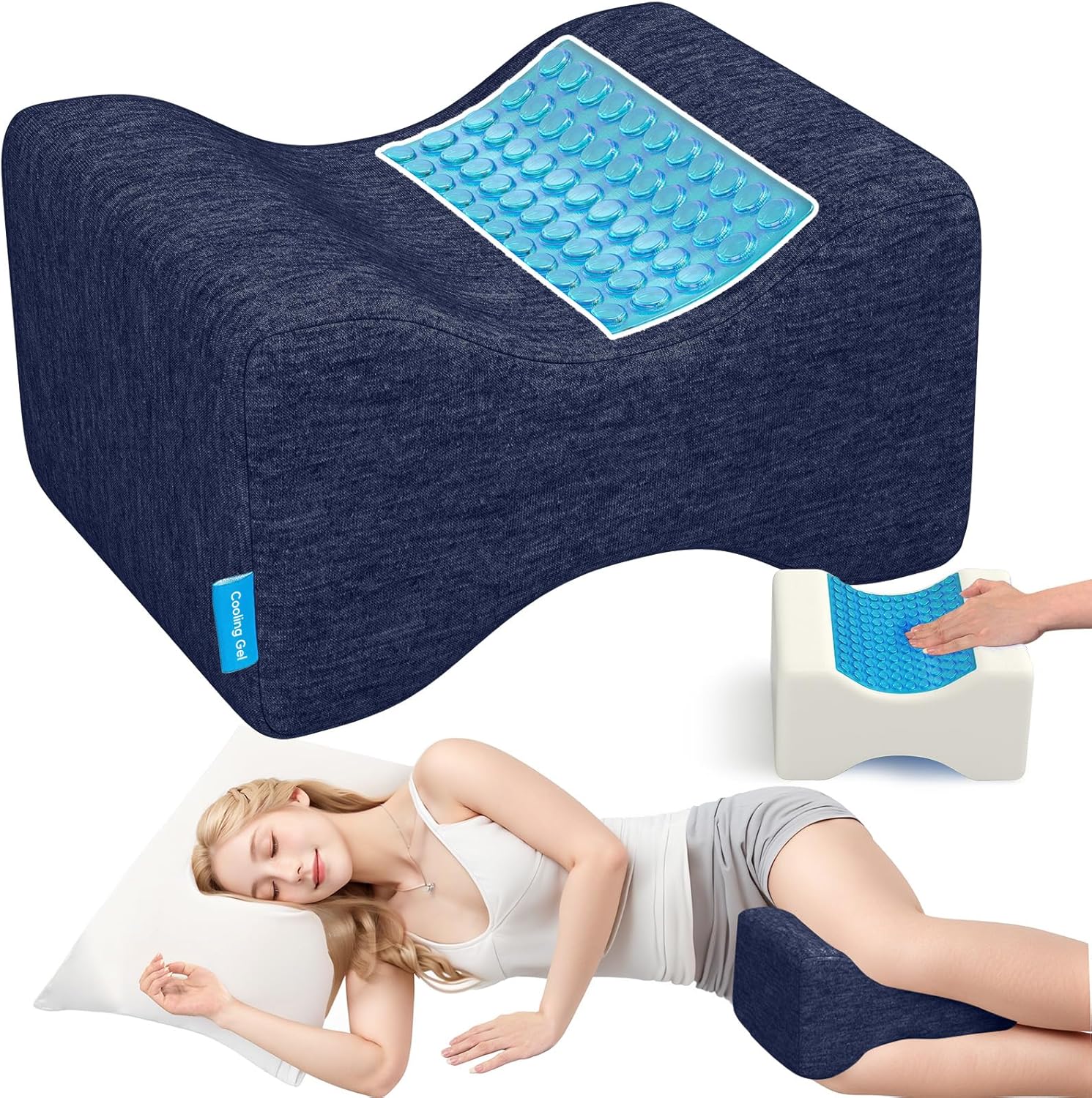 Knee Pillow for Side Sleepers with Cooling Gel, Memory Foam Elevation Pillow for Spine Aligning, Sciatica, Back, Hip, Knee, Ankle Pain, Blue/Plus