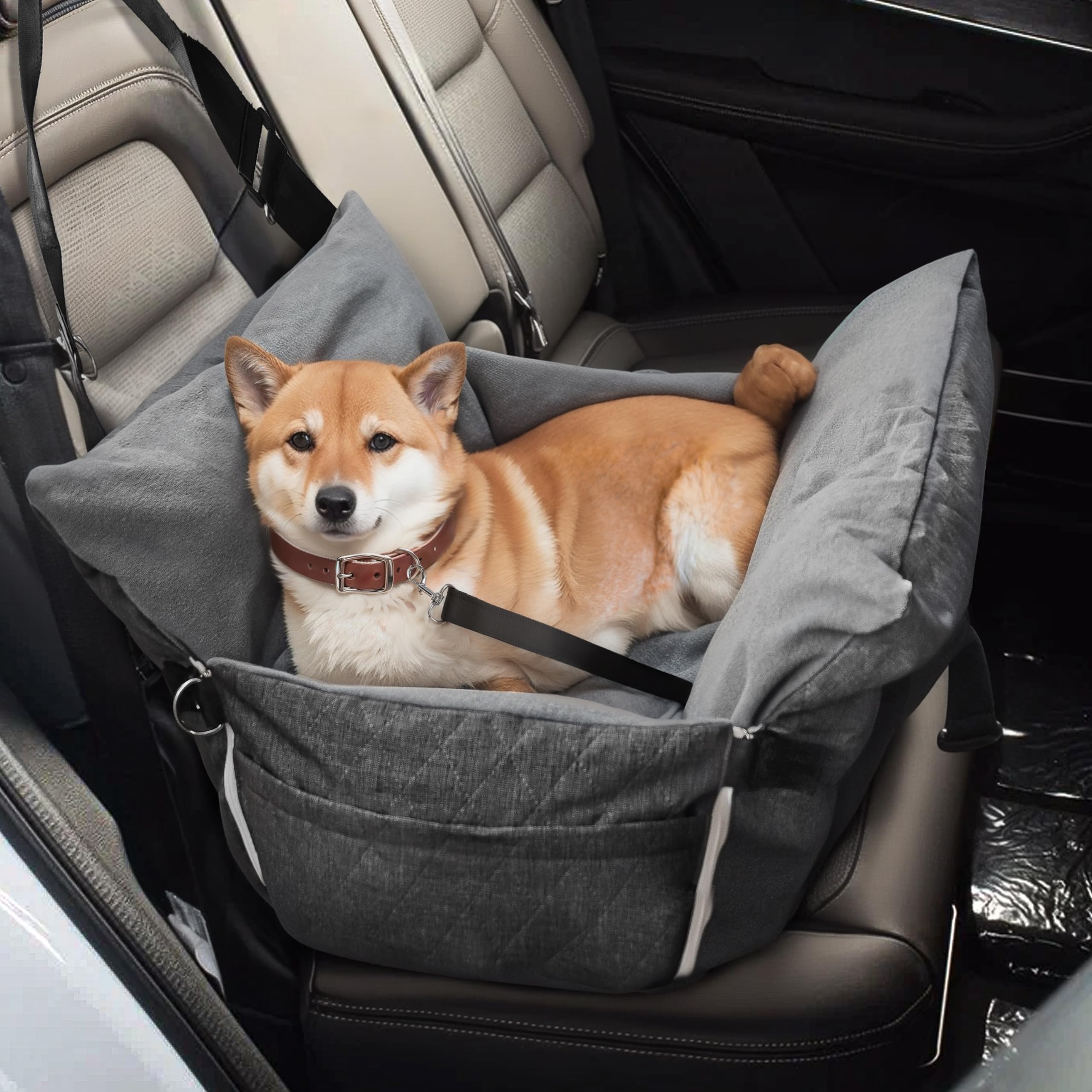 Dog Car Seat for Medium Dogs, Dog Booster Seat for Car, Fully Detachable Washable Dog Car Bed for Car Travel, Non-slip Safety Pet Car Seat with Seat Belt, Gray