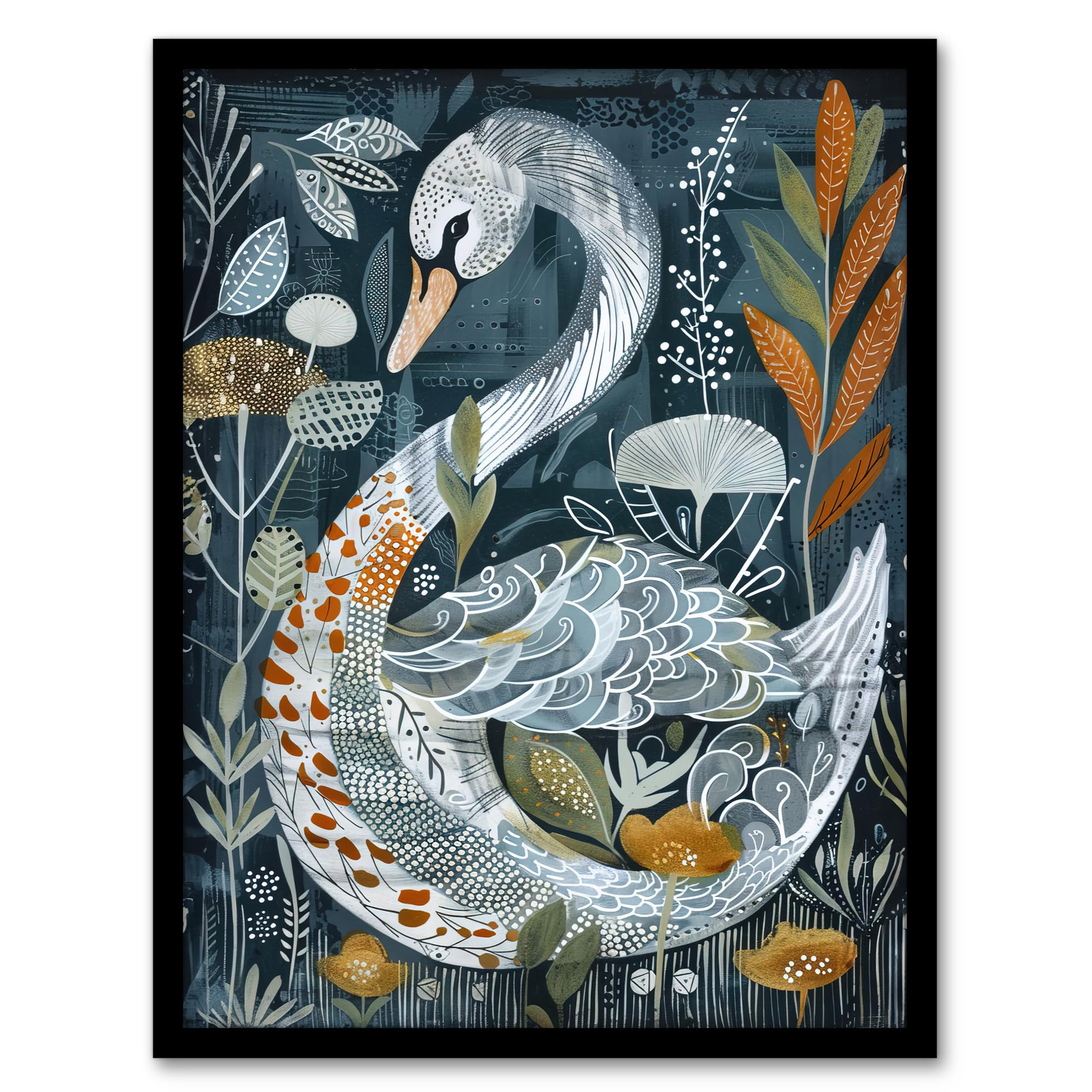 Artery8 Stylised Nature Pattern Swan Folk Art Painting Living Room Artwork Framed Wall Art Print A4