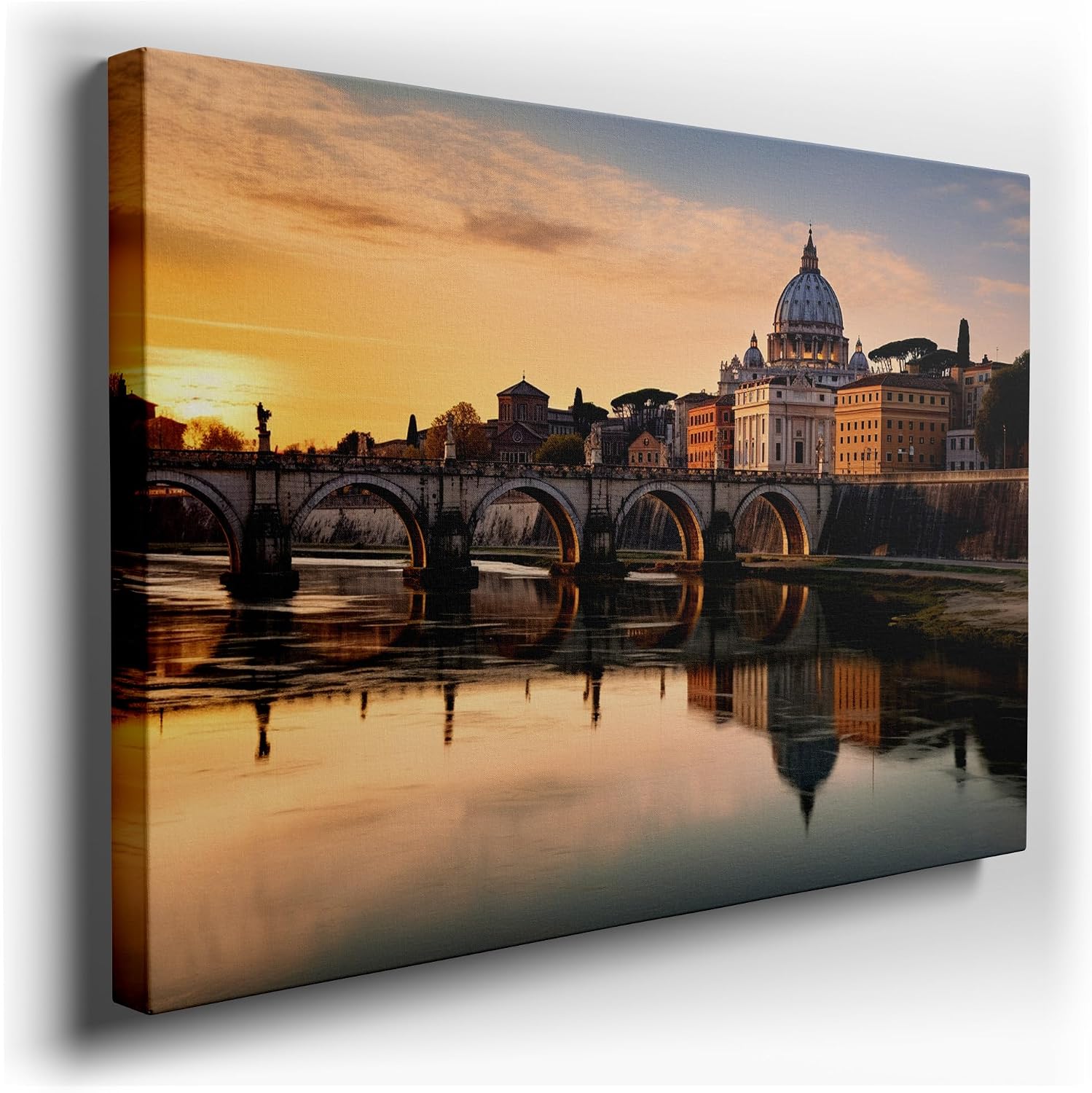 Canvas for Living room. Sunset Serenade Over Rome � A Breathtaking Palette of Warmth Reflected by River and Sky, 27 x 18 inch Canvas Wall Art - Contemporary Masterpieces - Modern Home Decor