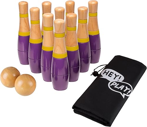 Miniatura 1 de Hey! Play! Juego de bolos para césped, bola de bolos, diversión para interiores y exteriores, para niños, adultos, 10 pines de madera, 2 bolas y