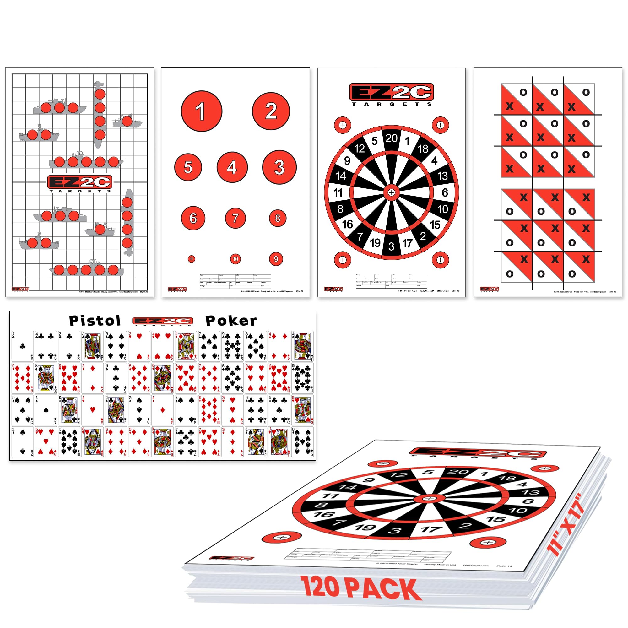 5 Style Gun and Rifle Paper Targets Bundle Pack for Shooting by EZ2C ~ Highly Visible and Bright Game Target ~ for Gun Range or Outdoor Use ~ 11" x 17"