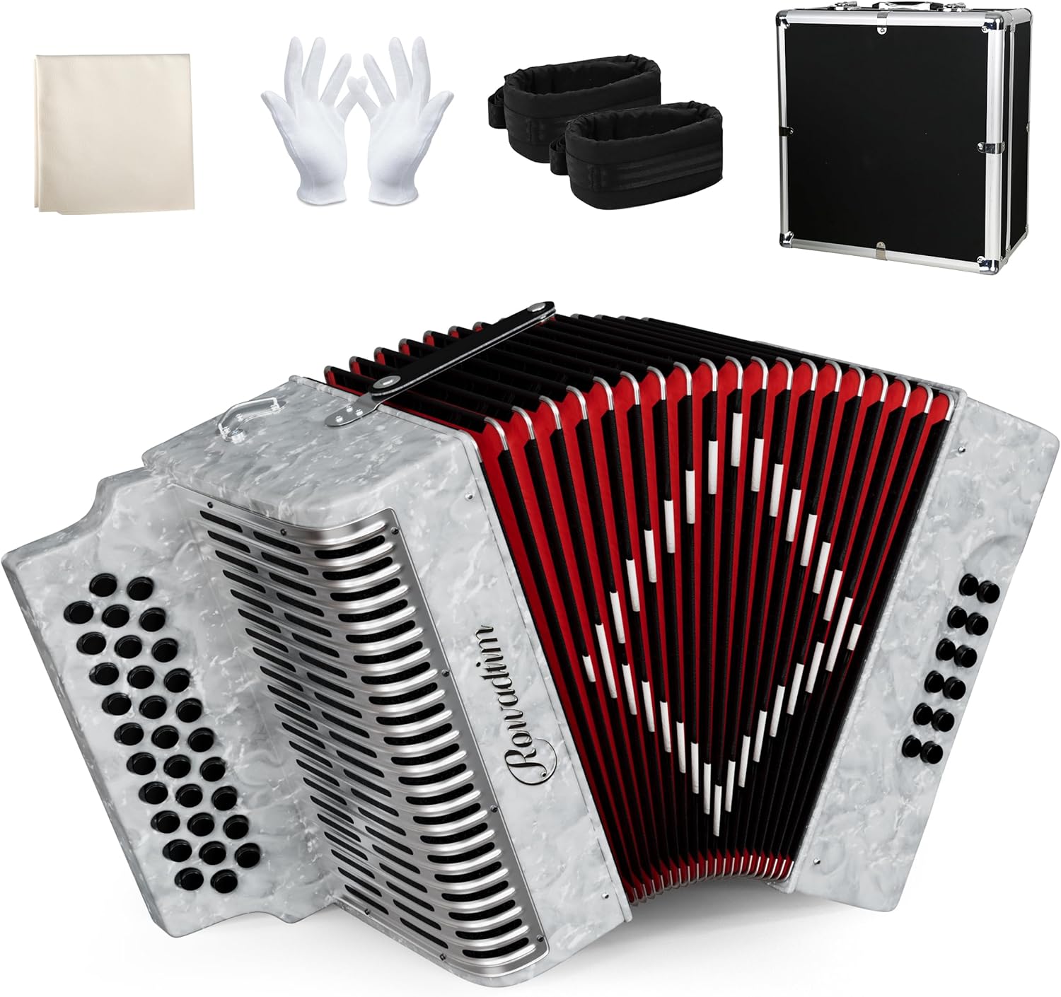 Accordion - 31 Key Diatonic, 12 Bass Buttons (G/C/F Tuning), Push-Pull Isochord Design, Beginner-Friendly Adult Set with Case, Gloves & Cleaning Wipes (White)