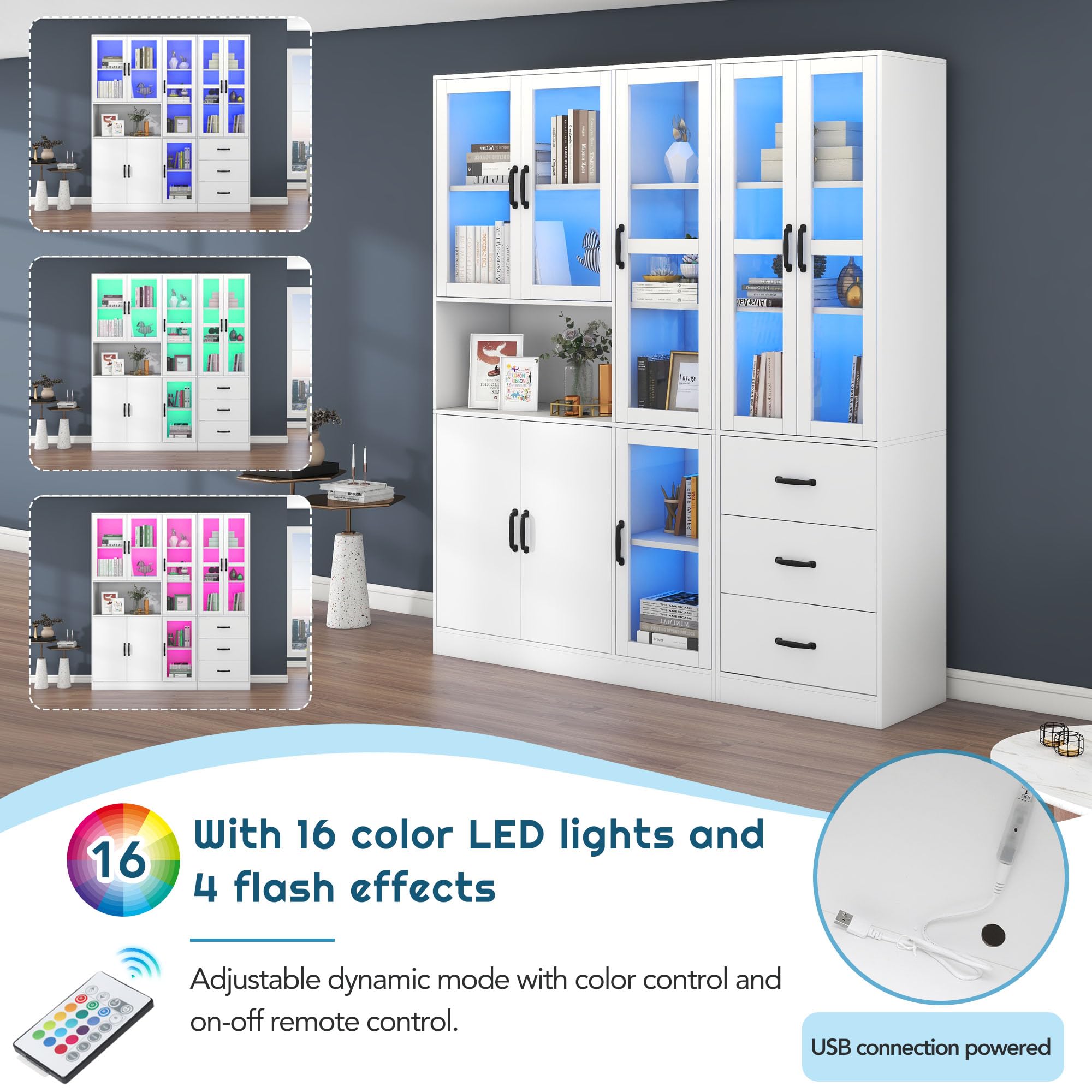 Elegante set di vetrine componibili bianche, alte 200 cm e lunghe 180 cm, autoportanti, con illuminazione a LED, 8 ante e 3 cassetti: perfette per valorizzare la tua casa