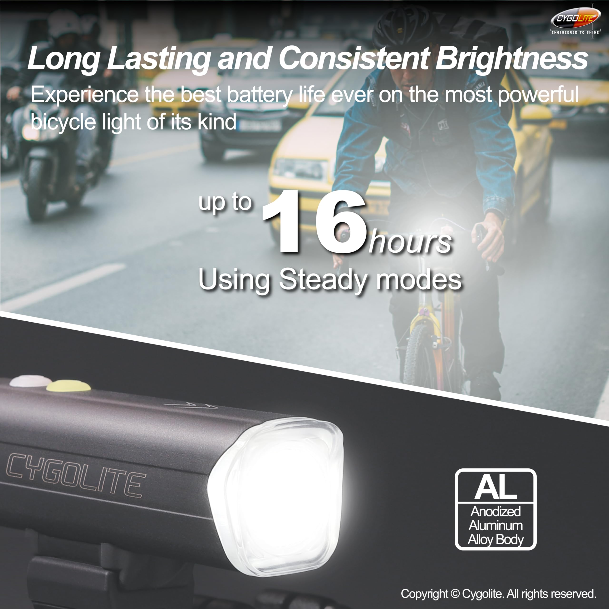 Cygolite Velocity SL Lampe de vélo 1000 lumens en alliage d'aluminium anodisé, 9 modes d'éclairage, luminosité réglable fine, étanche IP67, support rigide sécurisé, recharge USB-C, vélos de route,