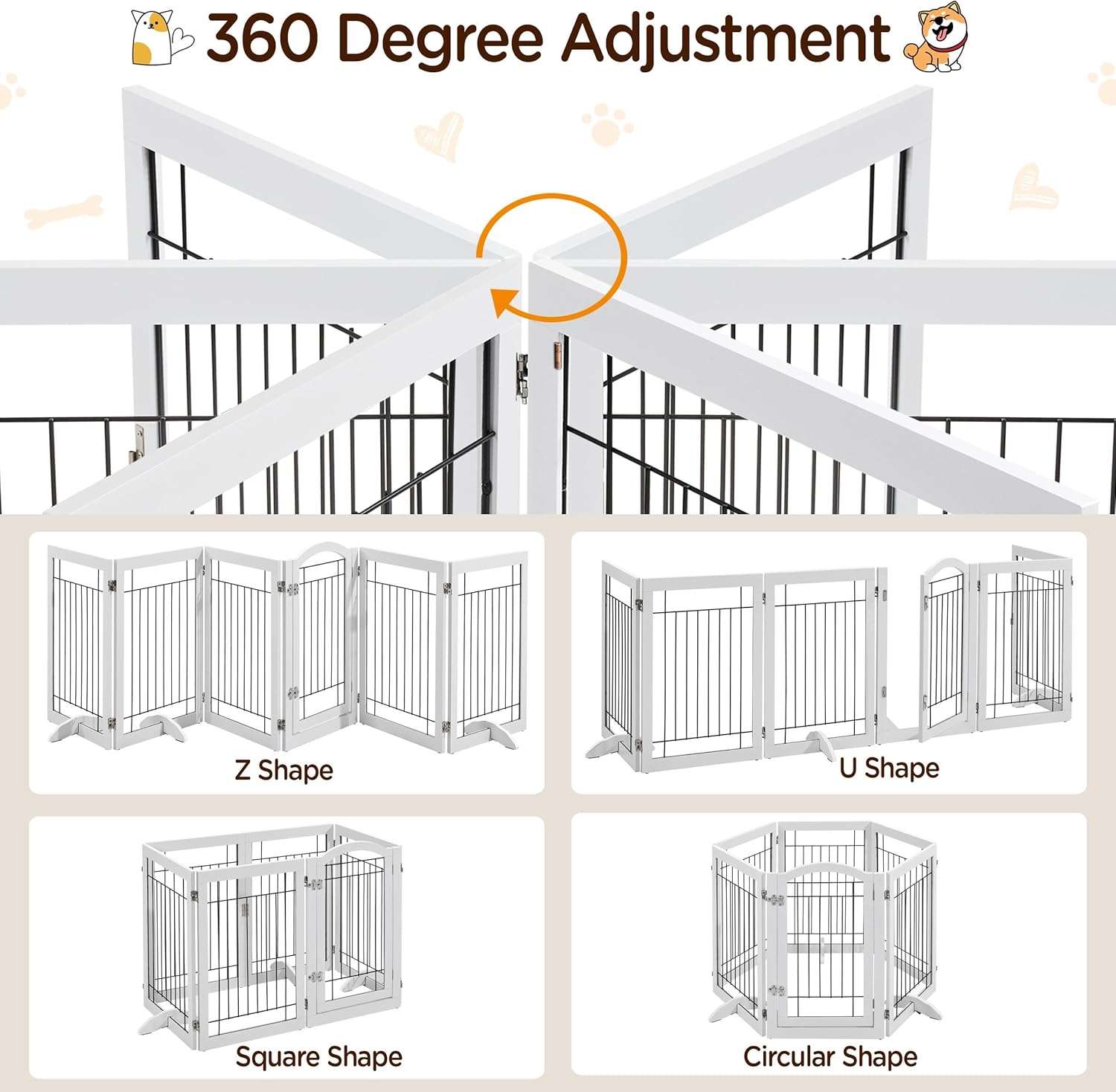Yaheetech 32-inch Tall Dog Gate with Door Extra Wide Pet Gate for Dogs, Foldable Wire & Wooden Puppy Safety Fence w/3 Support Feet,Freestanding Dog Gate for The House, Doorway, Stairs(White,6 Panels)