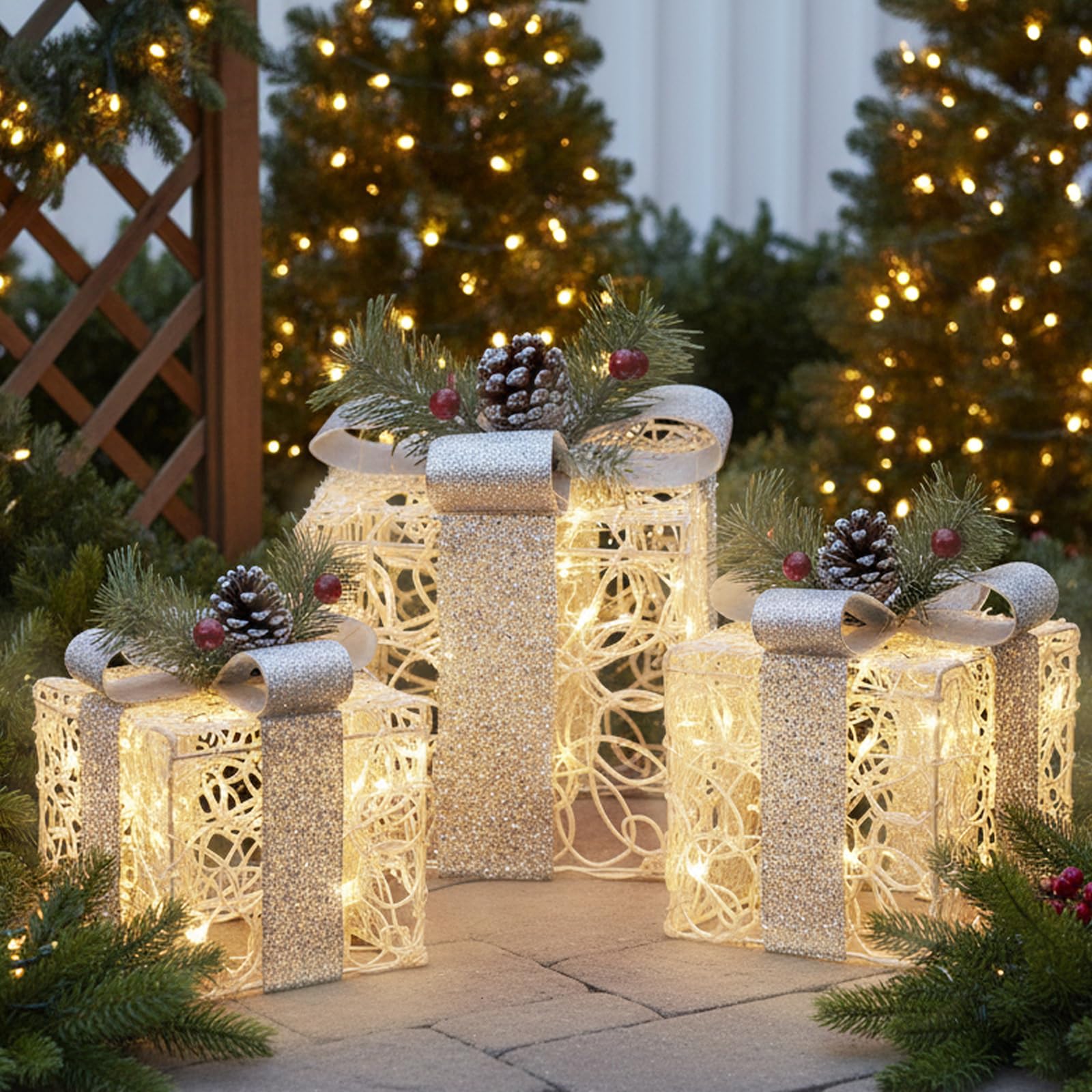 EAMBRITE White Christmas Decorations, Set of 3 Christmas Lighted Gift Boxes | 48 LED Light Up Present Boxes for Indoor Outdoor Party Yard Home Holiday Decorations (White and Silver)