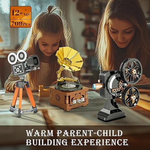 Miniatura 6 de Juego de construcción de modelos vintage 3 en 1 para adultos y adolescentes mayores de 14 años, proyector de fonógrafo retro, cámara coleccionable y
