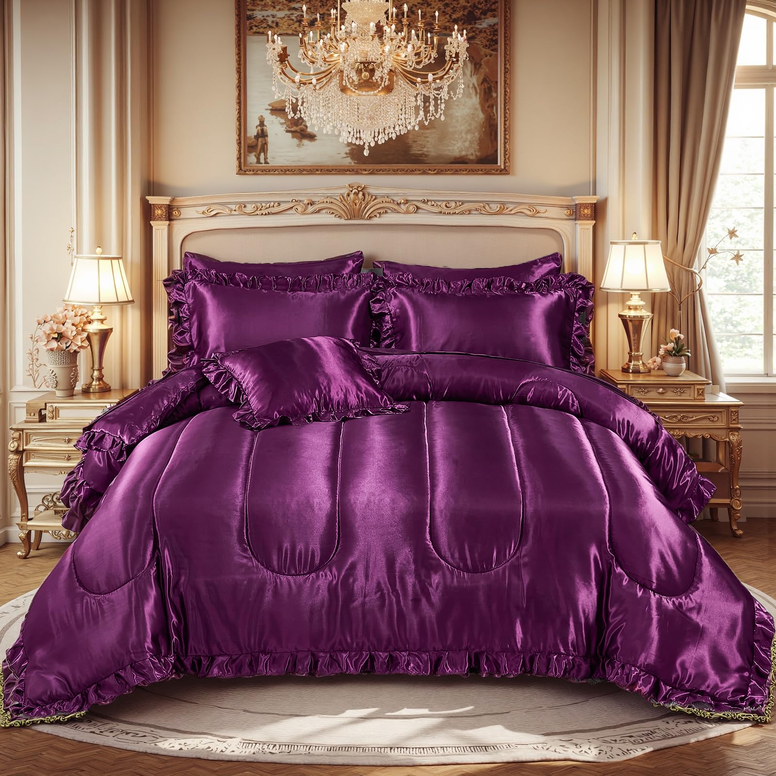 Silk Like Satin Comforter Set with Sheet Set King 8 Pcs Purple Satin Bedding Set Silky Ruffle Pattern Home Deocr Luxury Hotel Silky Bed in a Bag with