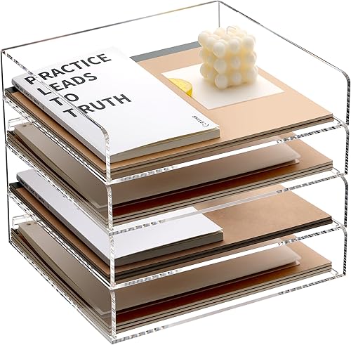 Miniatura 9 de SANRUI Bandeja organizadora de papel de 2 niveles con cajón deslizante, organizador de escritorio apilable, bandeja de papel acrílico para oficina,