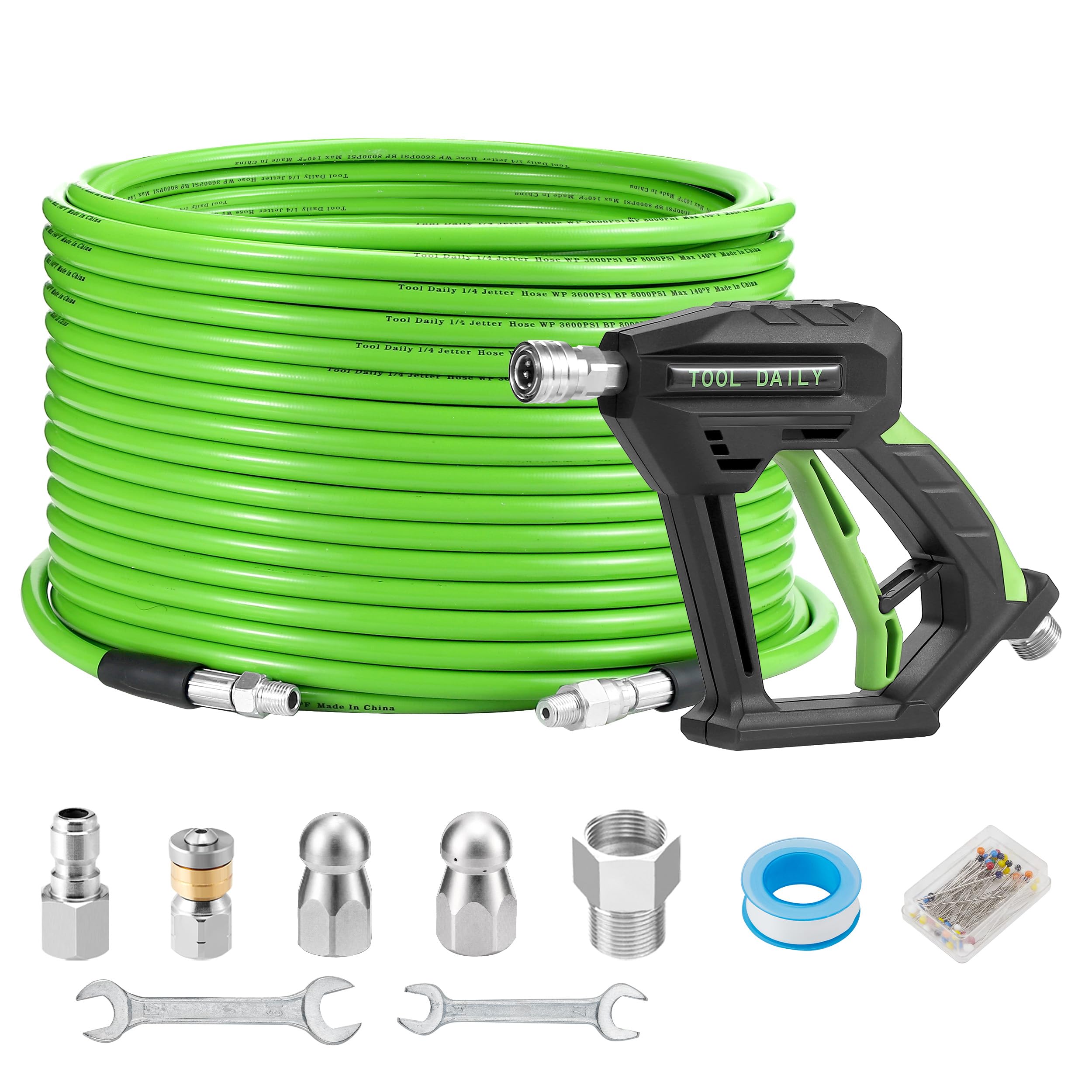 Tool Daily Kit per idropulitrice per idropulitrice, 30,5 m, pistola idropulitrice | Tubo di scarico 1/4 di pollice NPT, angolo, rotante e pulsante naso ugello a getto, 3600 PSI