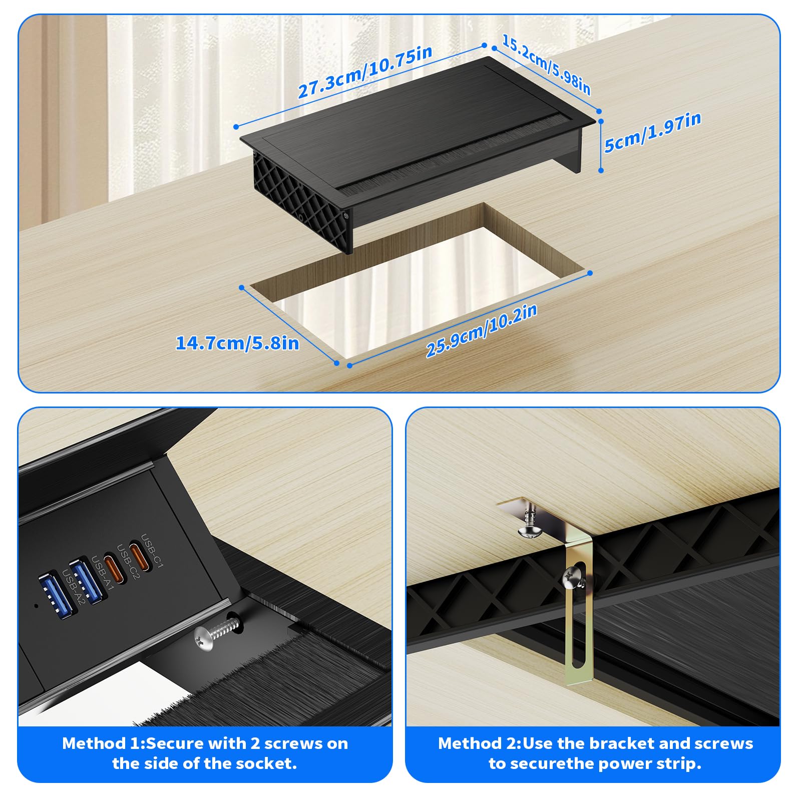 Versenkbare Steckdose mit USB-C PD 30W, 3-Fach, Aluminium, Schwarz | 4 USB-Ports, 2x USB-A QC 18W, Verstellbarer Winkel, Kabelführung, 1,8 m Kabel, Schreibtisch & Küche