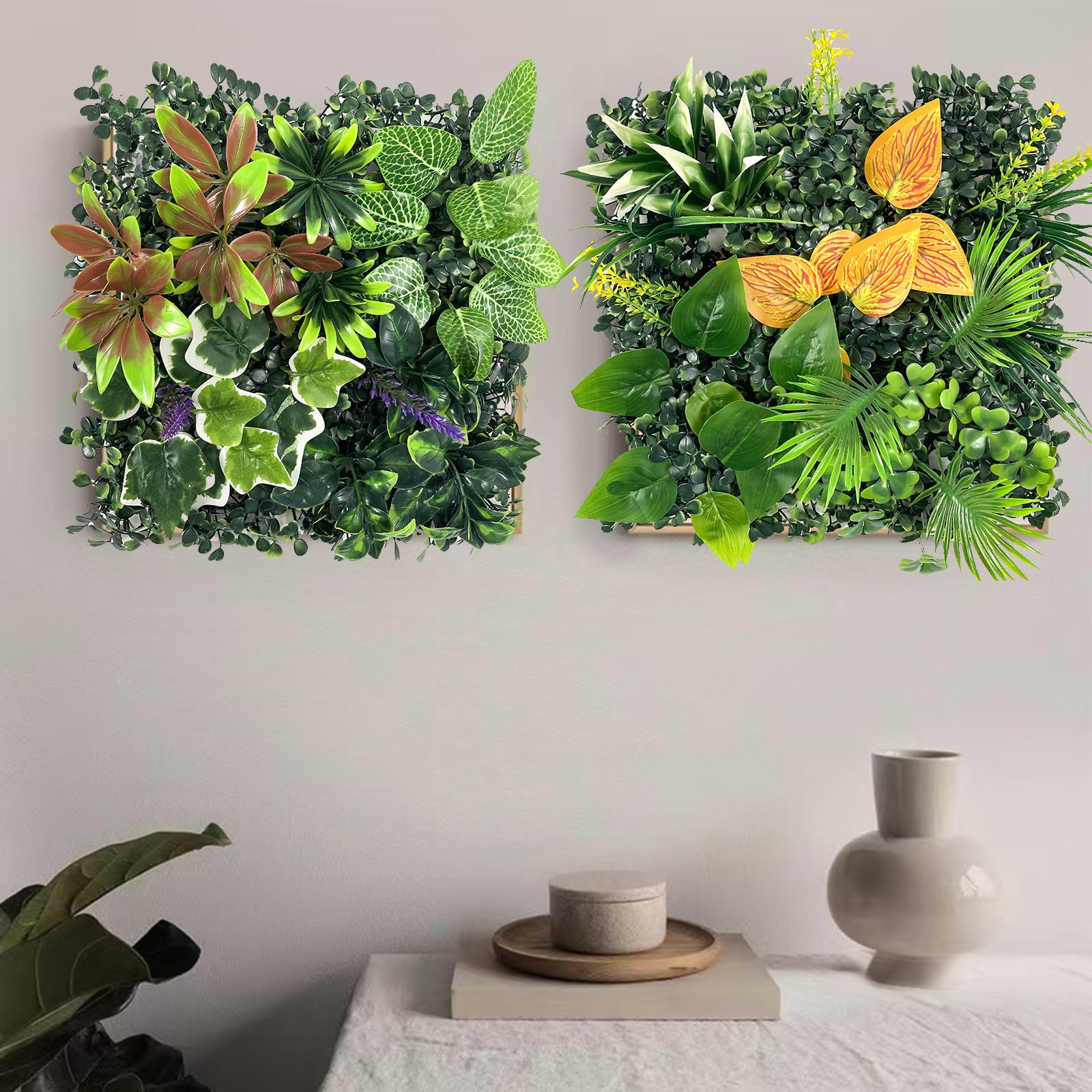4 Panneaux Murs de Plantes Artificielles, 25 * 25cm, Décoration Murale en Gazon Synthétique, Panneau Végétal Synthétique, Mur Végétal Artificiel, pour Décoration Intérieure Extérieure