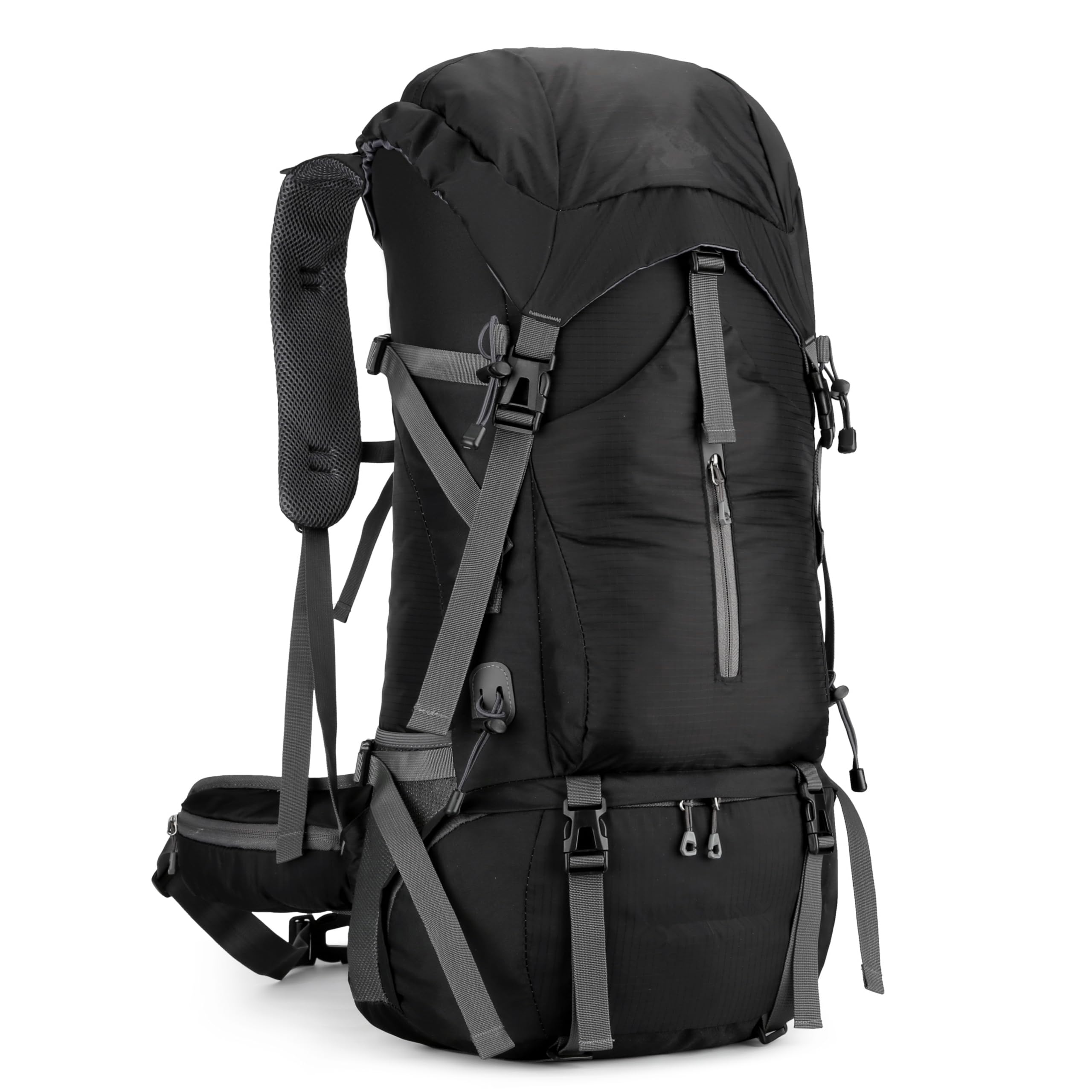 VINGVO 65 + 5 l de gran volumen con funda para la lluvia, parte trasera transpirable, impermeable, para senderismo, camping, montañismo, color negro