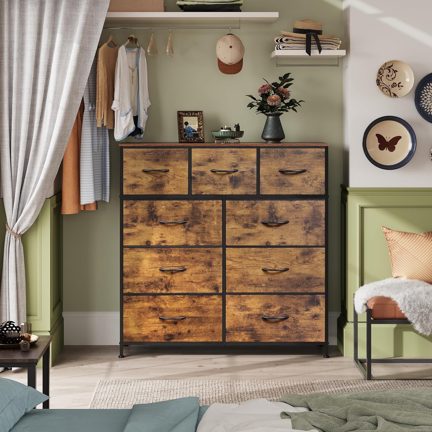 WLIVE Cómoda de 9 Cajones, Gabinete con Parte Superior de Madera y Estructura de Acero para Dormitorio, Sala de Estar, Pasillo, Madera Rústica