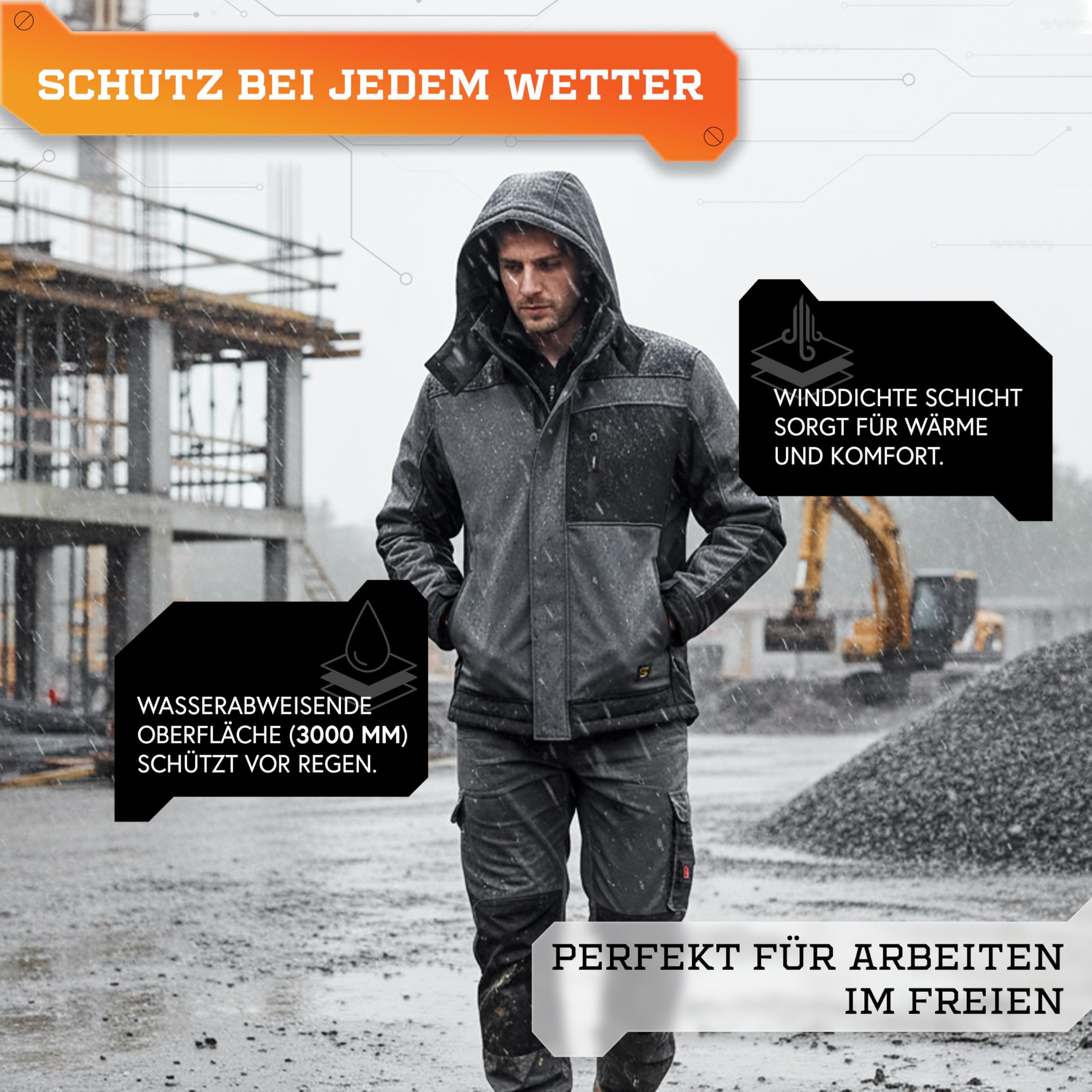 Seven Kings Softshelljacke für Herren – Arbeitsjacke mit Kapuze – wasserdicht (>3000mm) & atmungsaktiv - Übergangsjacke mit OXFORD-Verstärkungen, Reißverschluss und vielen Taschen