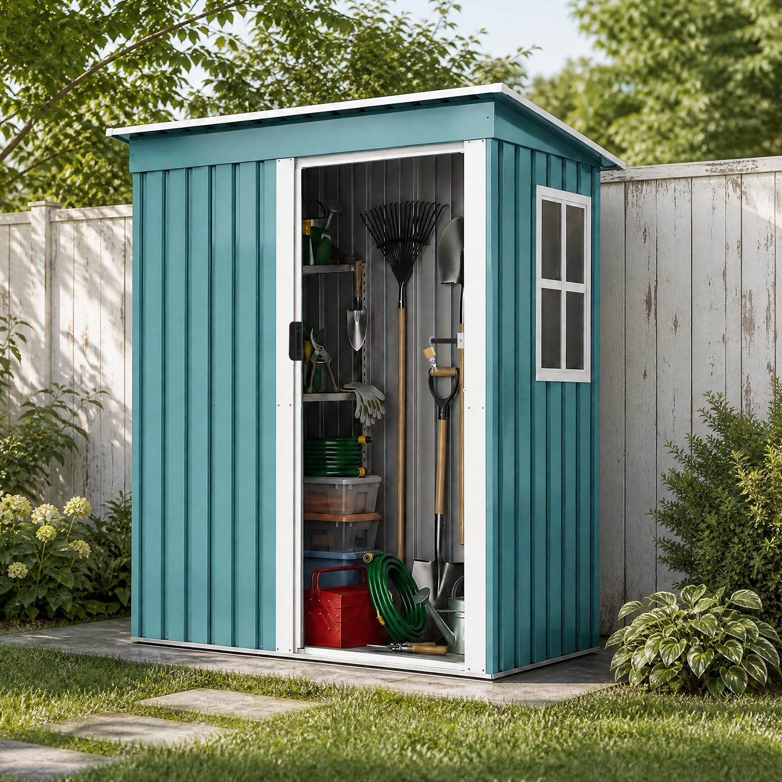 5x3 FT Metal Shed Garden Storage, Garden Shed, Waterproof Galvanized Steel with Window, Outdoor Lean-to Shed with Sliding Door,Lock and Gloves for Patio, Garden, Backyard, Bike, Garbage, Bin (Green)