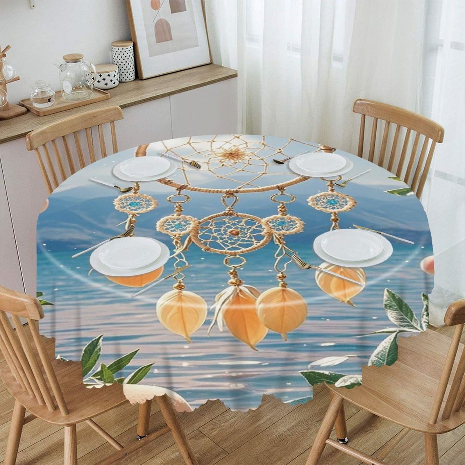 VstaDank Peach Dream Catcher Round Tablecloth Wipeable Round Polyester Tablecloth Waterproof Wrinkle Free Indoor and Outdoor Table Cover 60 Inch Decorative Farmhouse Table Cloth for Dining
