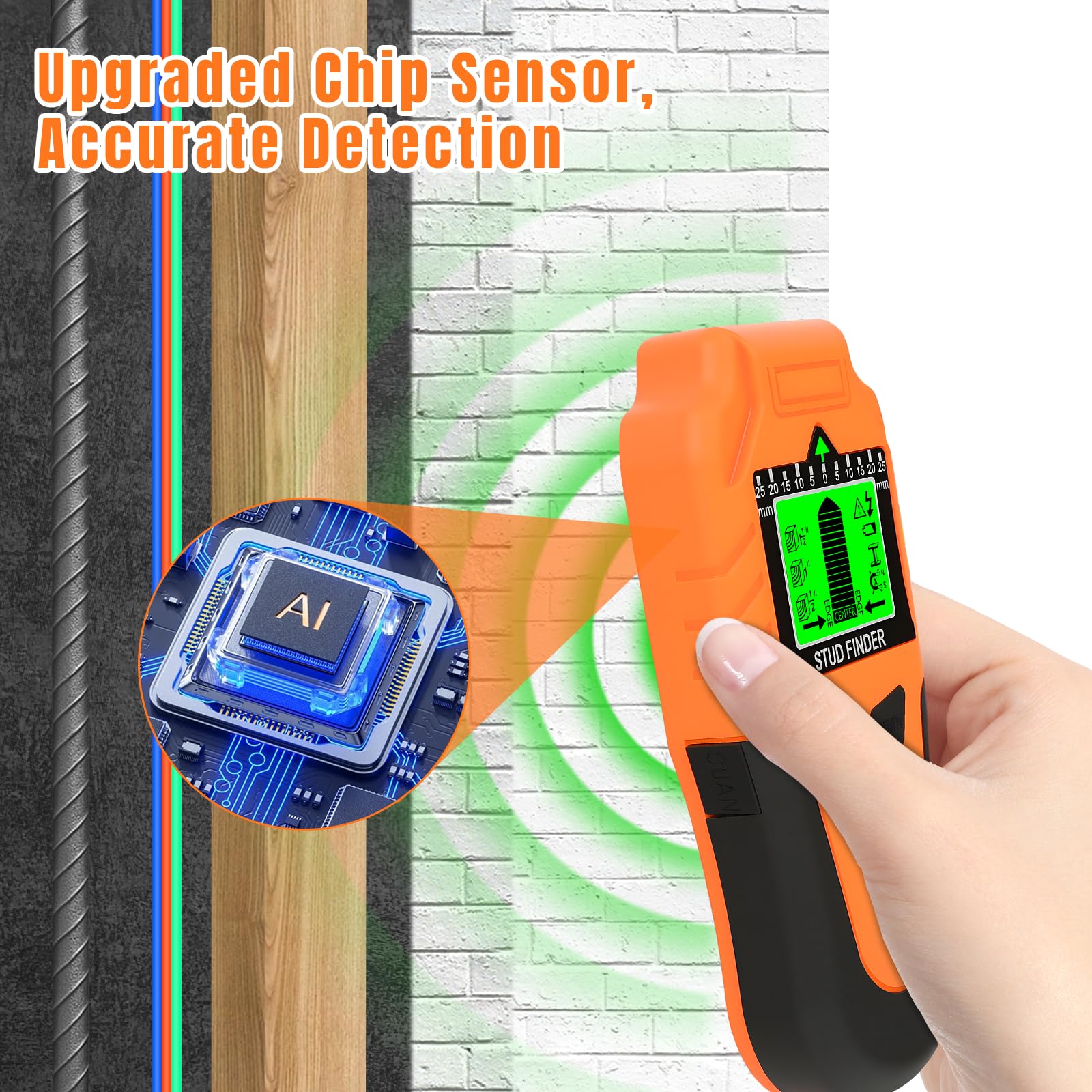 Détecteur de Cable électrique 6-en-1 avec Écran LCD et Alerte Sonore, Scanner Mural Haute Précision pour Métal, Tuyaux et Fils (Orange)