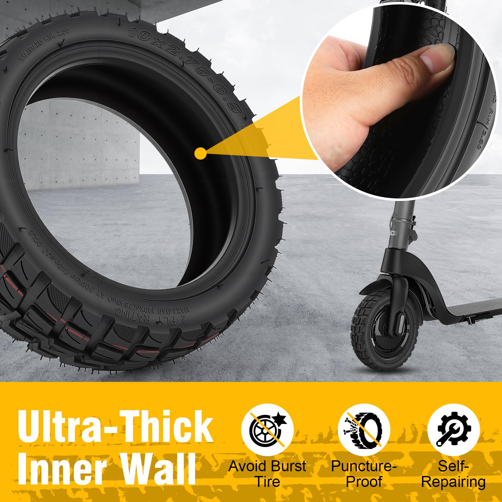 Pneumatico da vuoto 10x2.75-6.5 con valvola, 10 pollici pneumatico fuoristrada tubeless in gomma antiscivolo per scooter elettrico, adatto per strade innevate, sabbiose e ghiaiose
