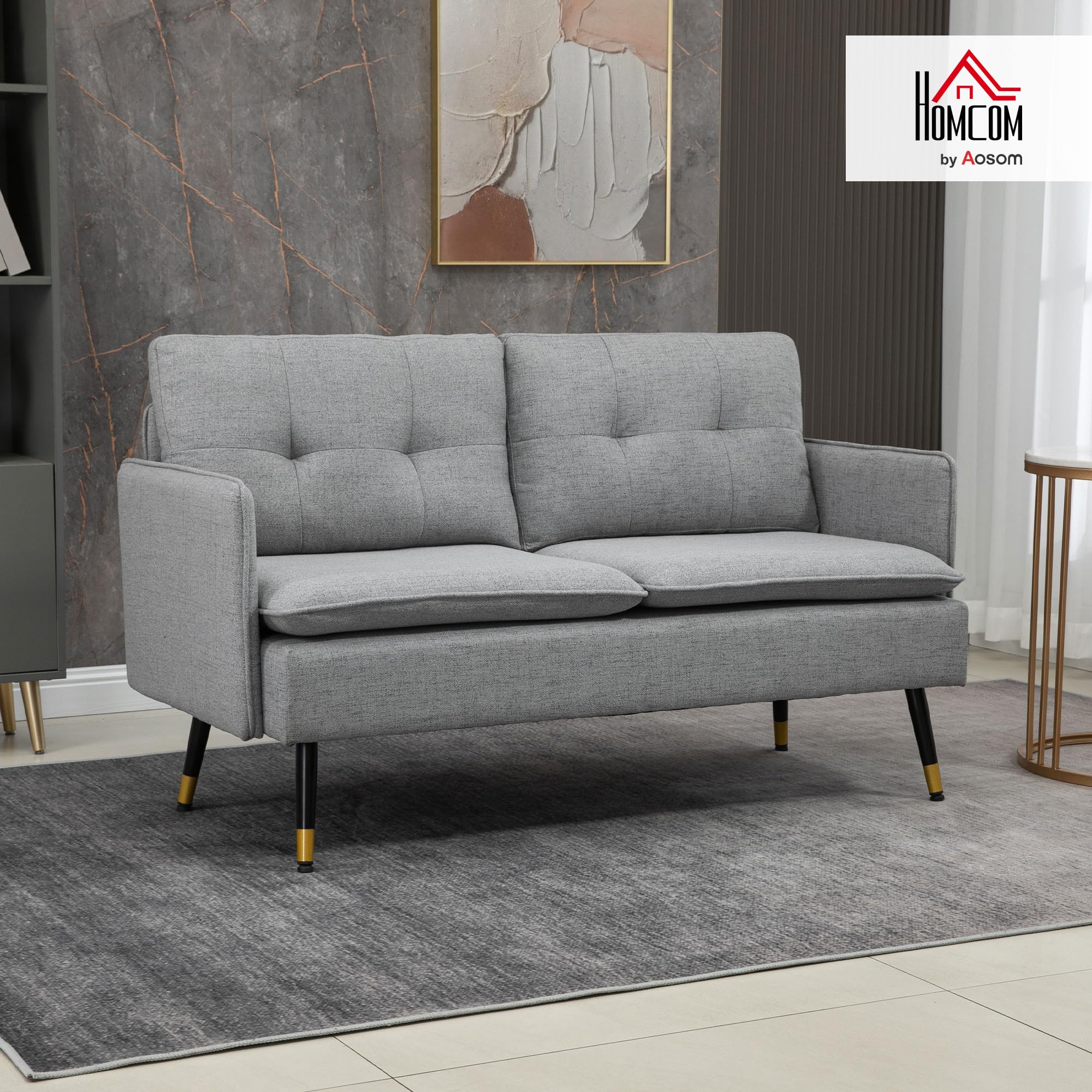 HOMCOM Divano 2 Posti in Tessuto Effetto Lino con Braccioli e Cuscini Imbottiti, Divanetto 2 Posti Moderno con Gambe in Acciaio, per Ufficio, Soggiorno, Salotto e Camera da Letto, 139x68x80 cm, Grigio