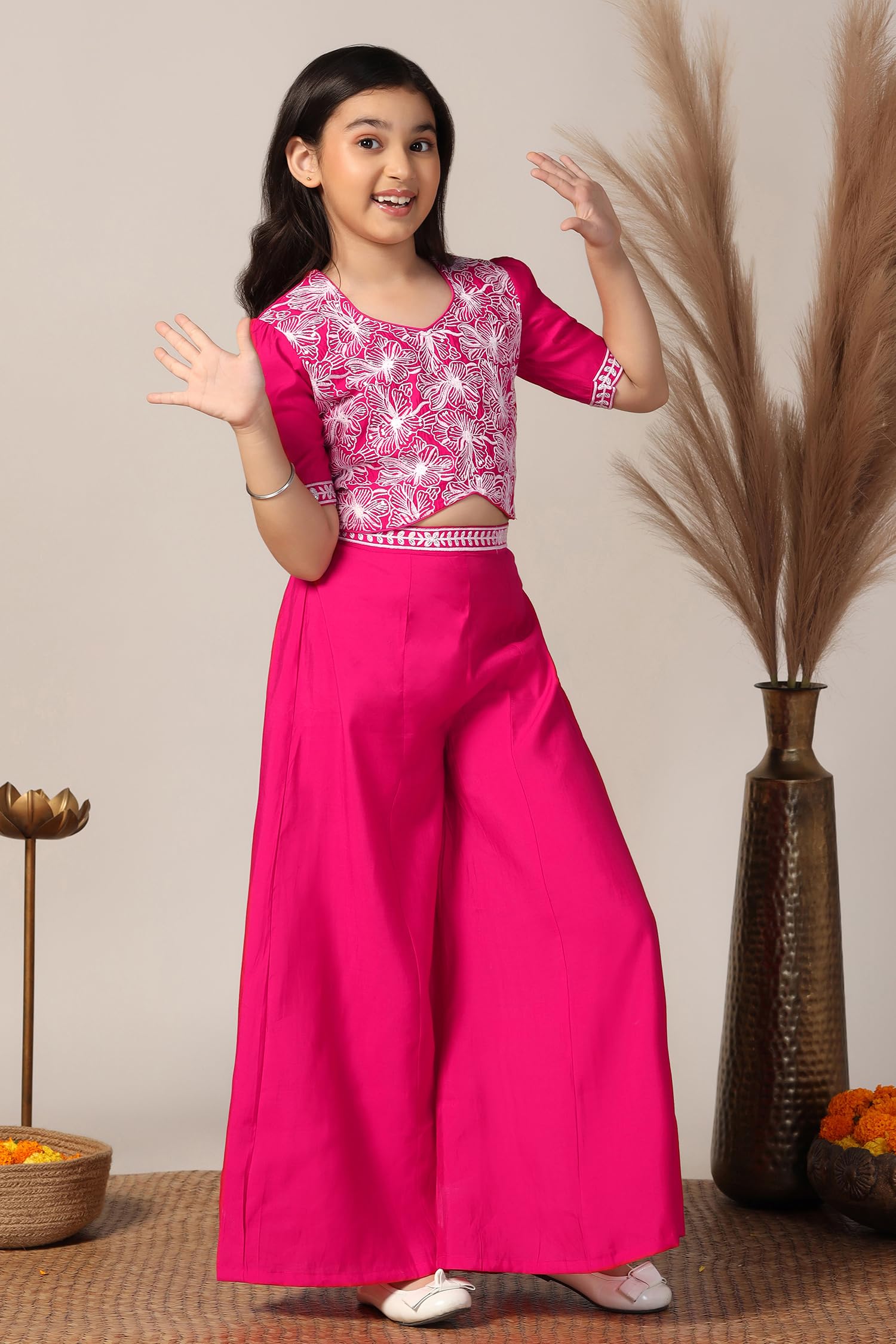 Fashion Dream Girl's Silk Blend Ethnic Top and Palazzo Set |Kids Salwar Suit Set|Embroidered Suit for Girls|Indo Western Set (FDGSET00226 PNK 32_Pink_9-10 Years) - Image 3 thumbnail