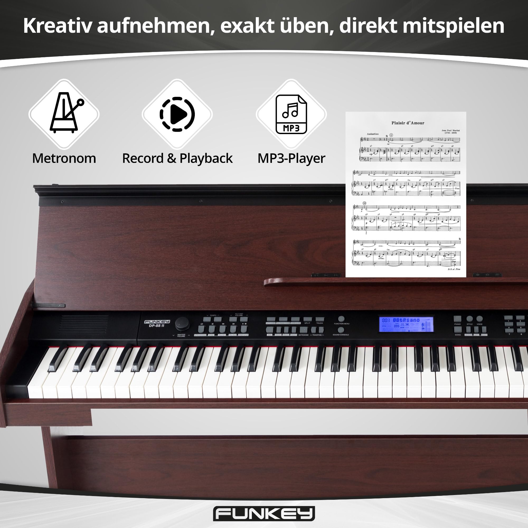 Piano digital FunKey DP-88 marrón set con auriculares, banco de piano Economy y manual