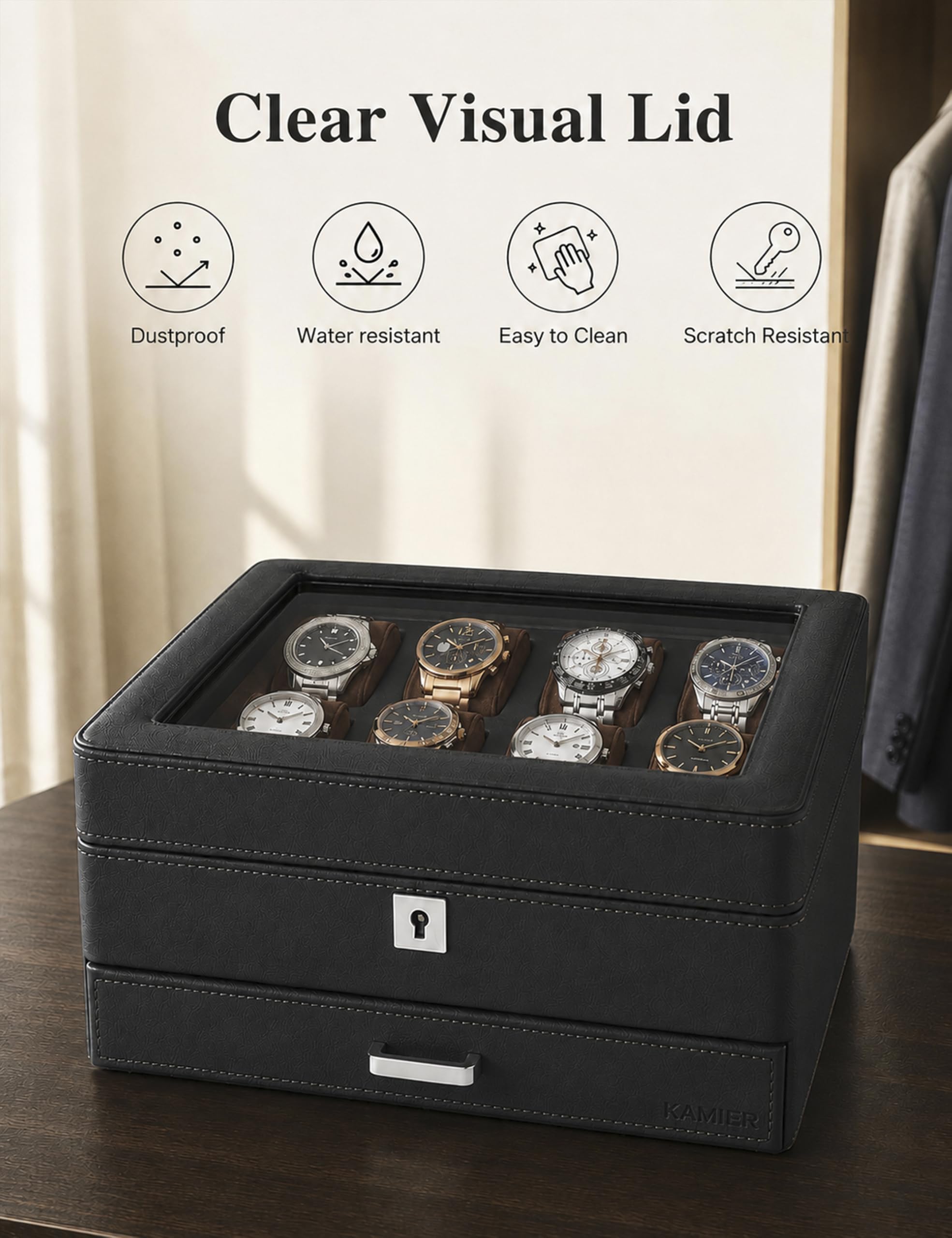 KAMIER Uhrenbox mit 8 Fächern,Uhrenkasten mit Transparentem Deckel,2 Ebenen