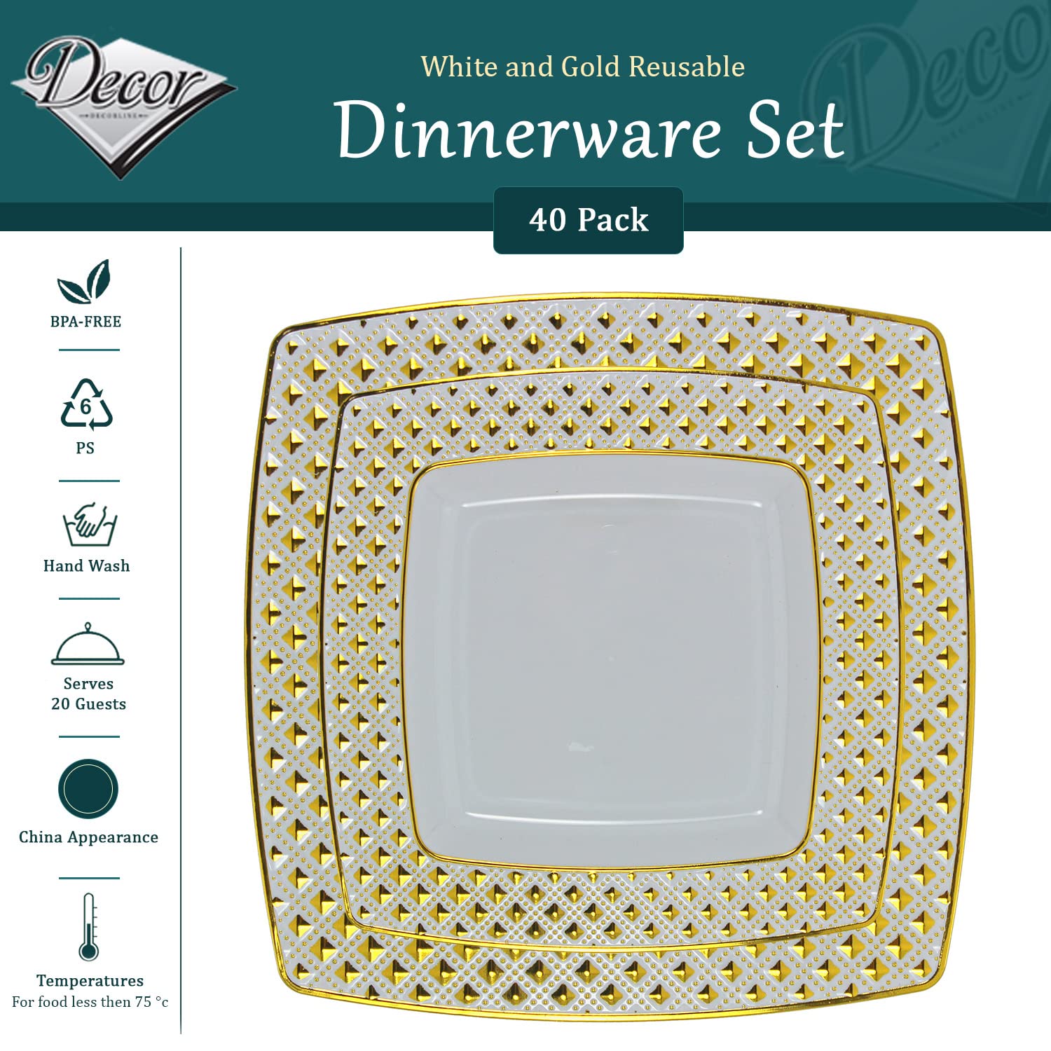 Decorline 40 Wiederverwendbaren Kunststofftellern – Quadratische Mehrweg Vorspeisen & Dessertteller (20x25cm & 20x20cm) – Elegante Hochzeitsteller, Weihnachtsteller in Diamantmuster - Weiss/Gold