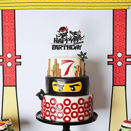 Miniatura 6 de Gyufise 1 pieza de decoración de pastel de cumpleaños ninja con purpurina negra para artes marciales, karate, kung fu, guerreros, para tartas,