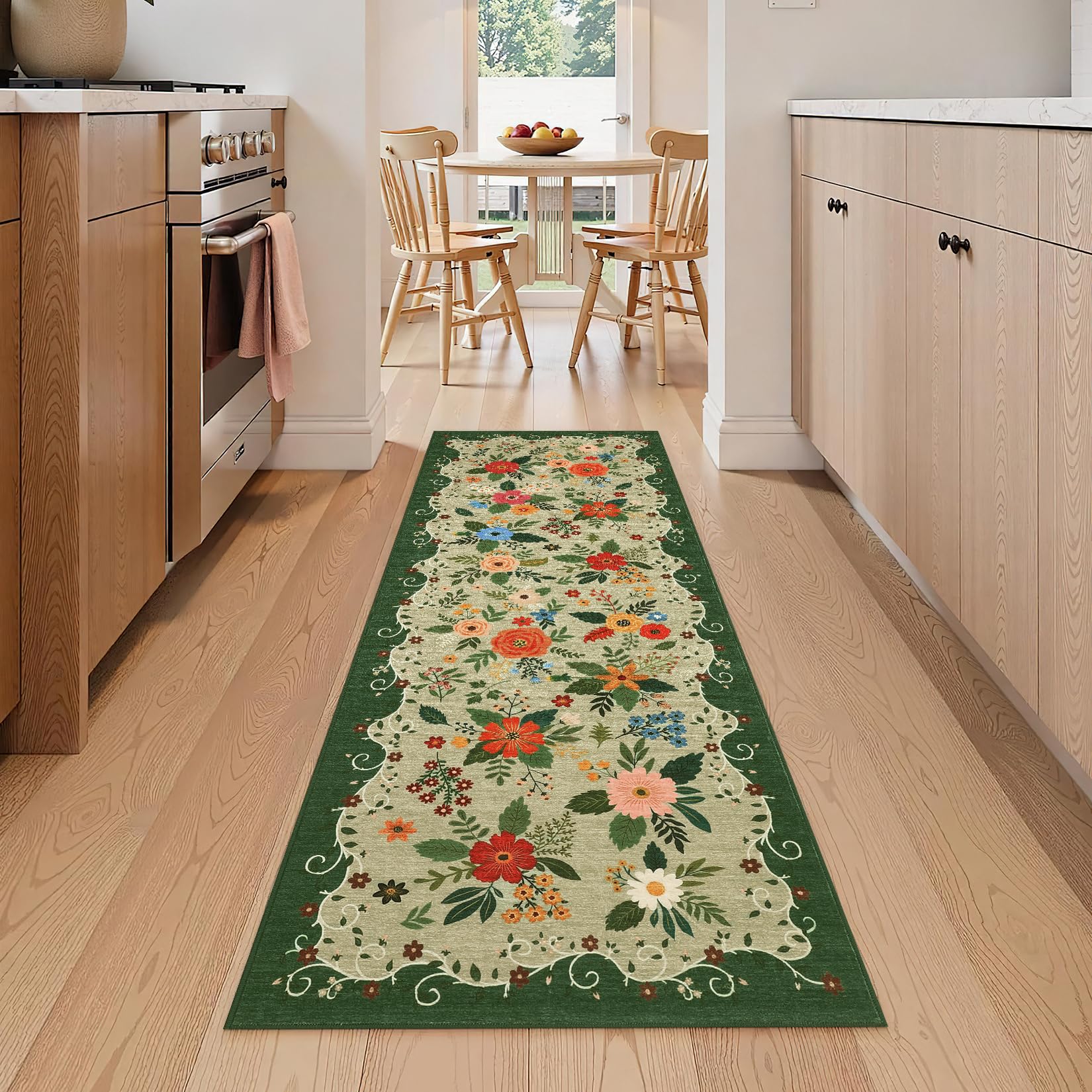 FairyStyle Washable Floral Hallway Runner Rug 60x180cm Green Non-Slip