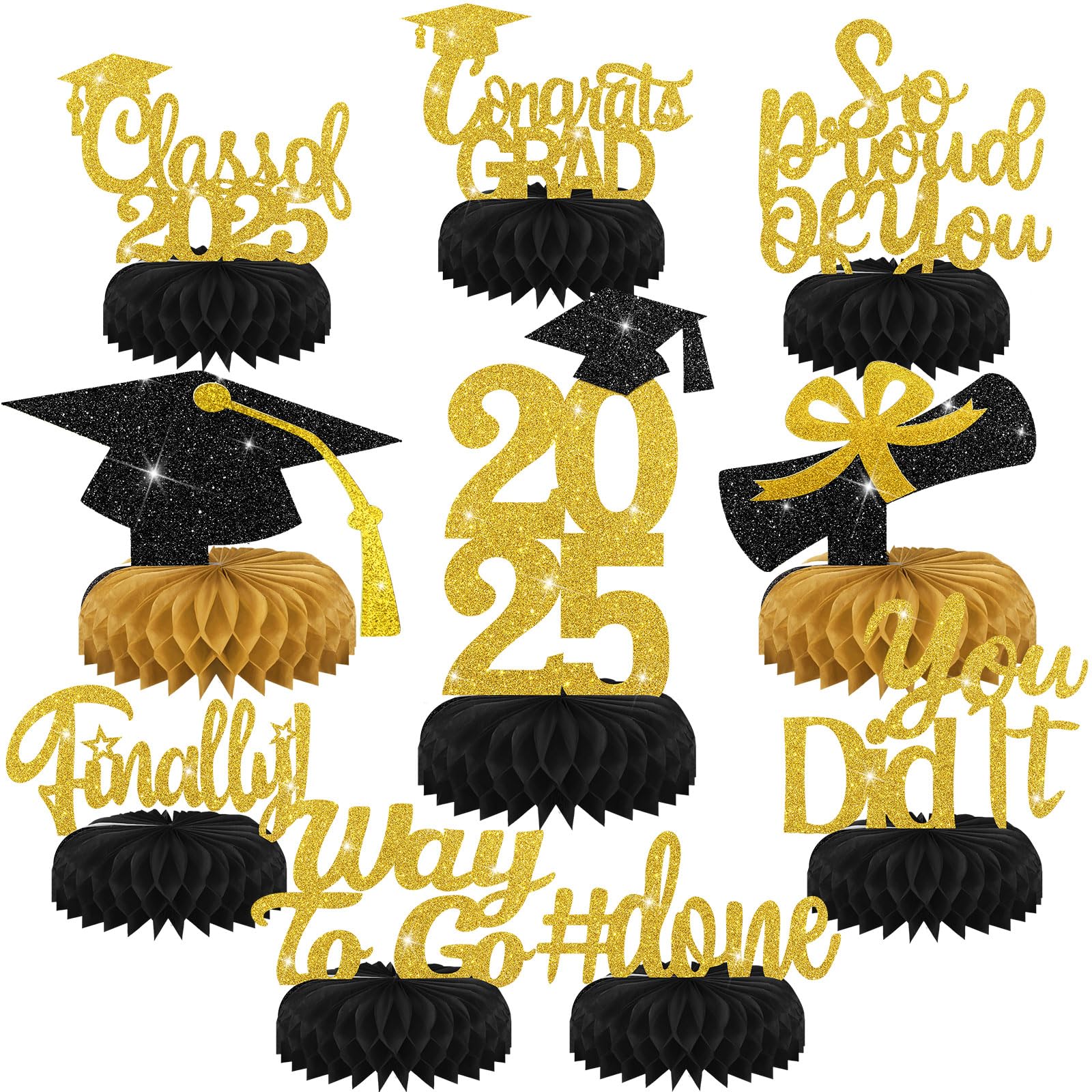 Beeveer 10 Pcs Graduation Decorations Class of 2025, Table Glitter Graduation Centerpieces Honeycomb, Congratulate Grad Table Toppers Decor for 2025 Congrats Grad Party Supplies(Black and Gold)
