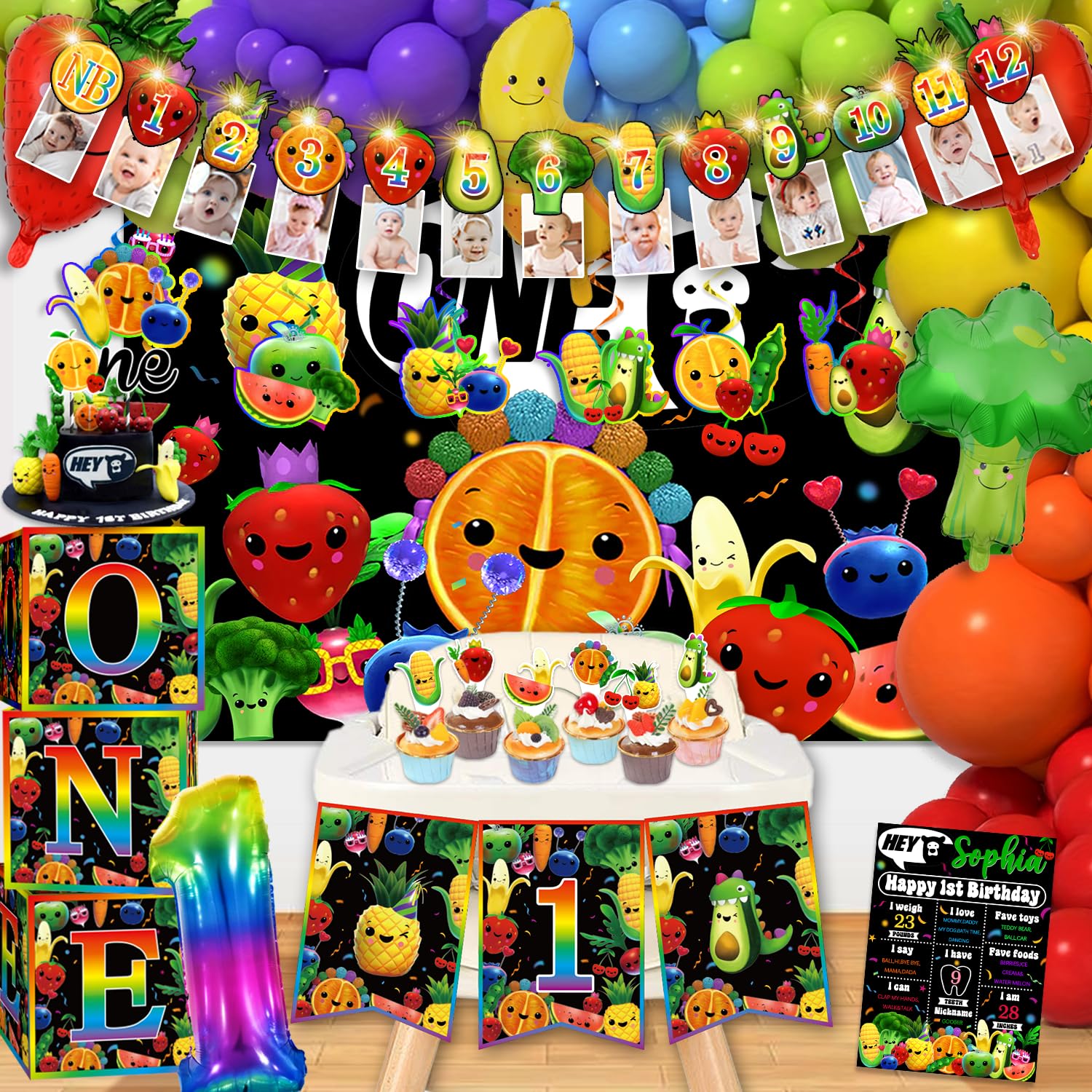 124pcs Fruit 1st Birthday Decorations, Fruit Vegetable 1st Birthday Decorations Fruit Party Decorations Swirls Banner cupcake topper Backdrop Fruit Balloons Arch Set for Baby