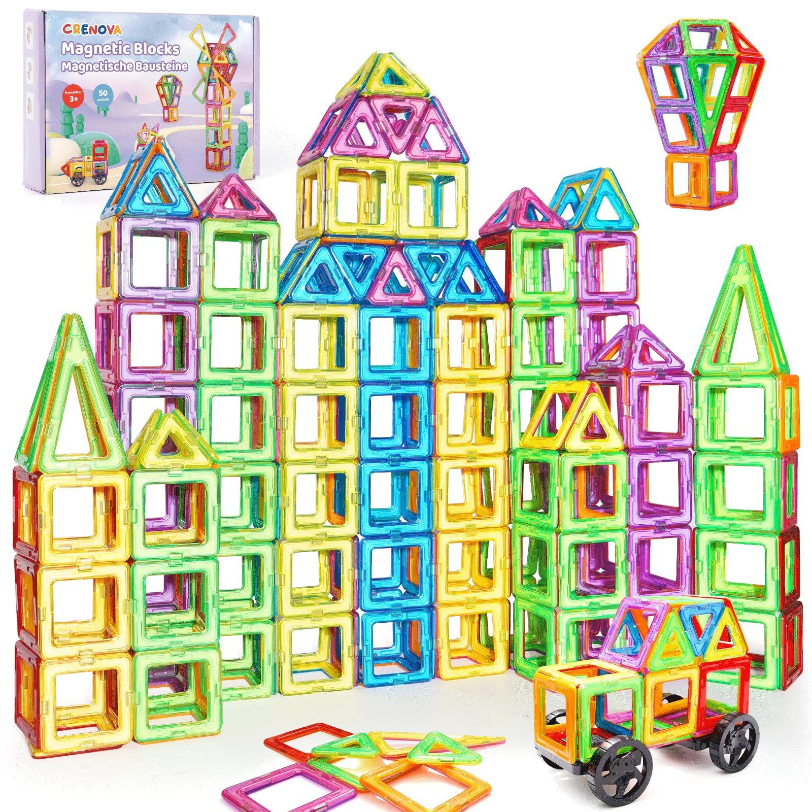 Crenova Magnetic Building Blocks 98pcs Magnetic Tiles STEM Educational Construction Toy for Kids Creative Gift for 3 4 5 6 7 8 Year-Old Boys and Girls
