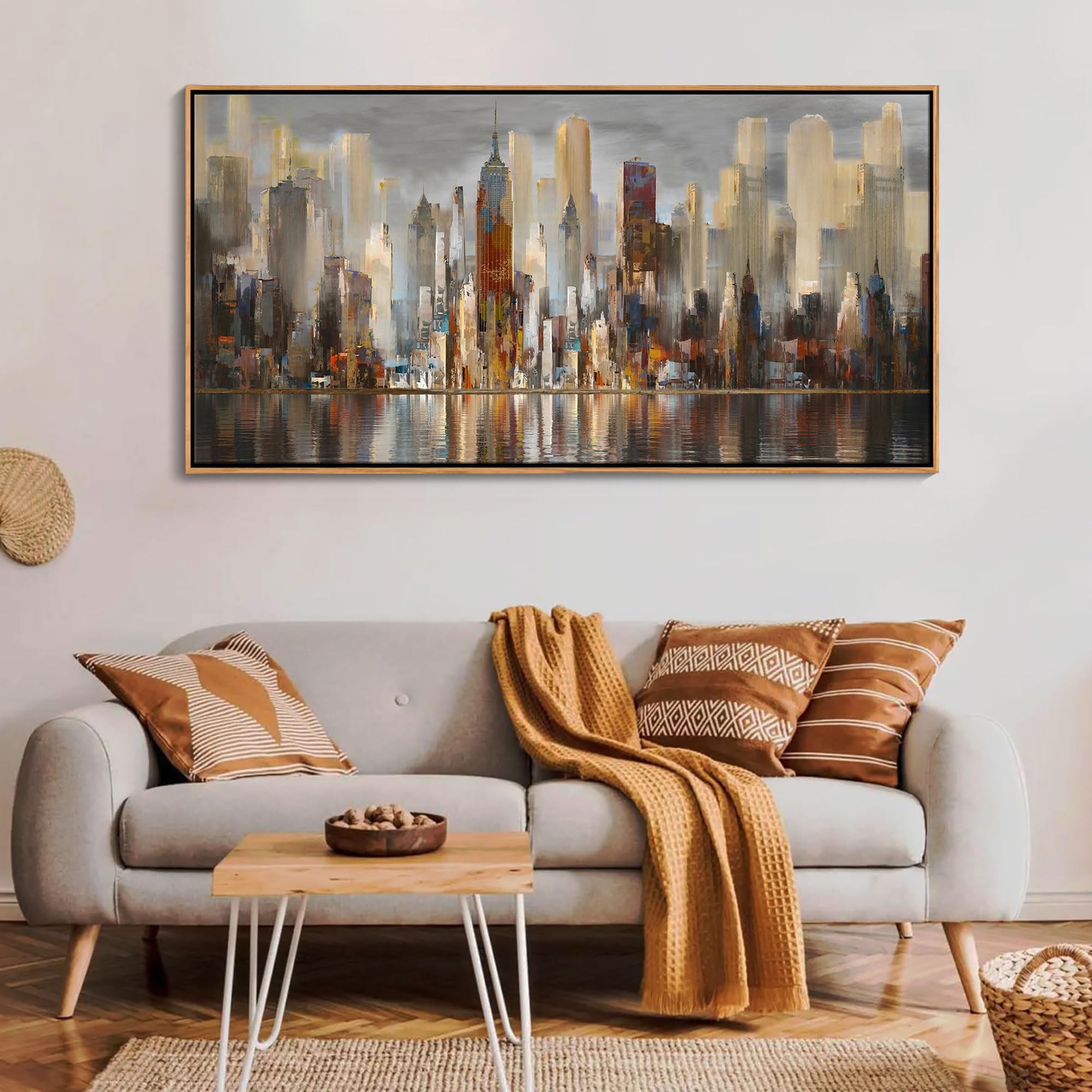 Lienzo abstracto y moderno para pared, diseño de paisaje urbano de Nueva York, pinturas temáticas de ciudad, cuadros enmarcados marrones, obras de arte de oficina, decoración de pared para 2