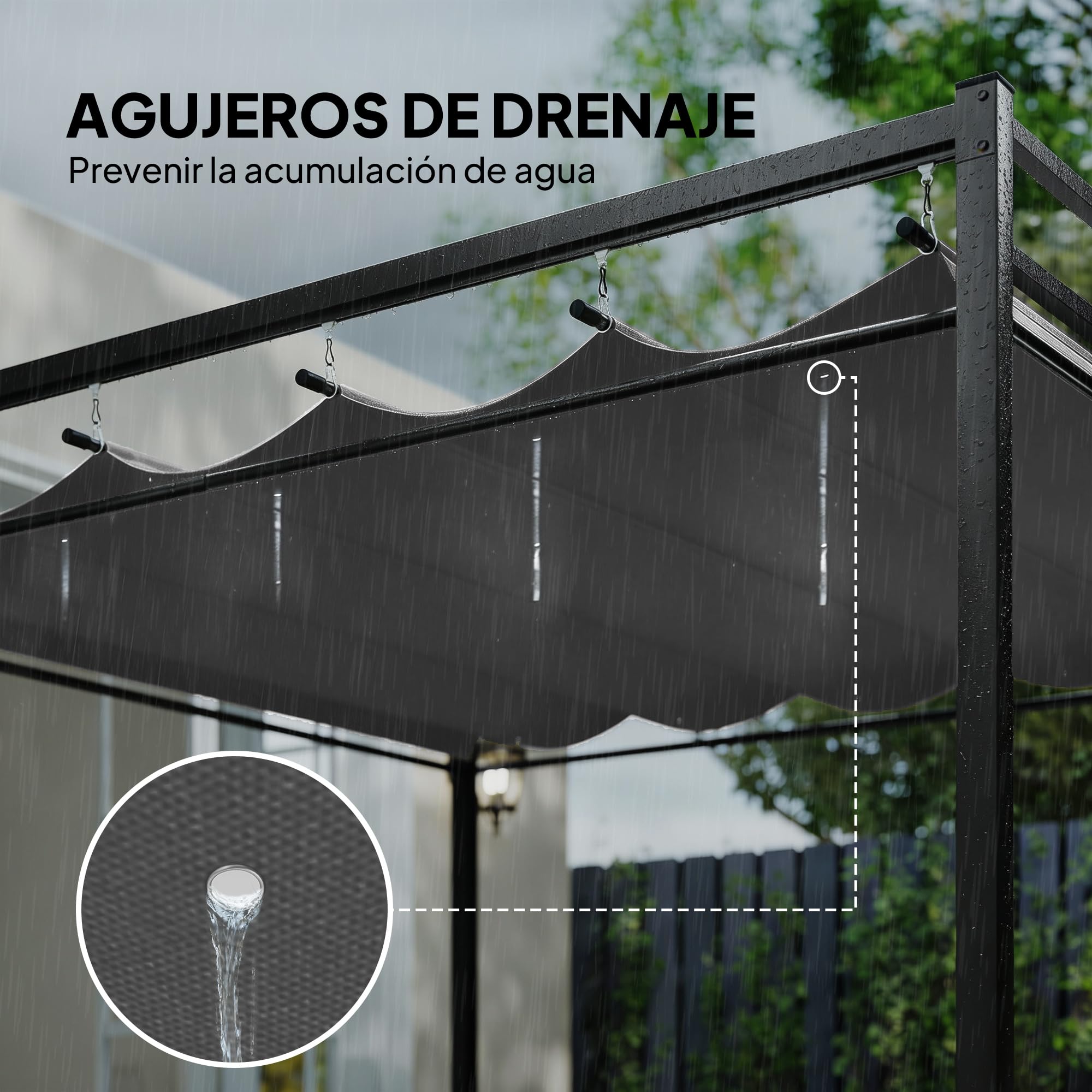 Outsunny Pérgola de Jardín 3x3 m con Techo Retráctil y 4 Cortinas, Cenador de Jardín con Protección UV30+, Impermeable, Estructura Metálica, Pabellón para Patio, Terraza, Exterior, Gris Oscuro — view 6