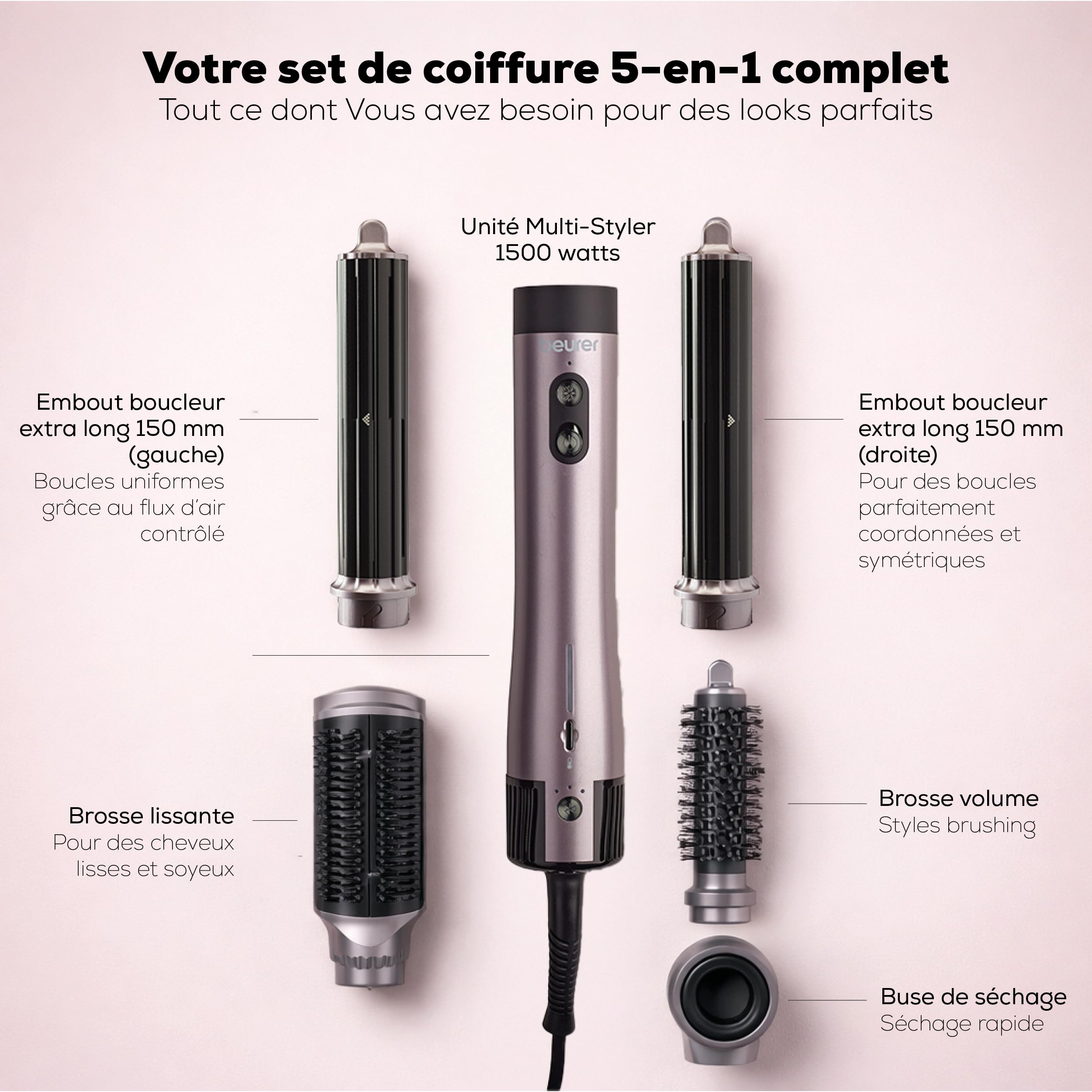 Beurer HT 110 Airstyler 5-en-1, Styler capillaire multifonction pour boucler, lisser & donner du volume, coiffage délicat pour tous les types de cheveux, céramique-tourmaline, 5 embouts