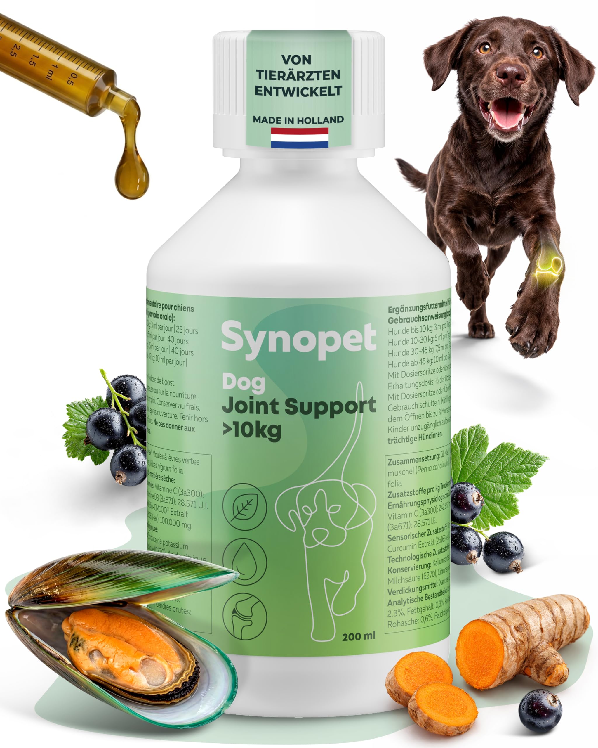Dog Joint Support Grünlippmuschel Hund 200 ml I Flüssiges Gelenkpräparat für Hunde I Mit Curcumin & Schwarzem Johannisbeerblatt I Unterstützt Knorpel & Beweglichkeit