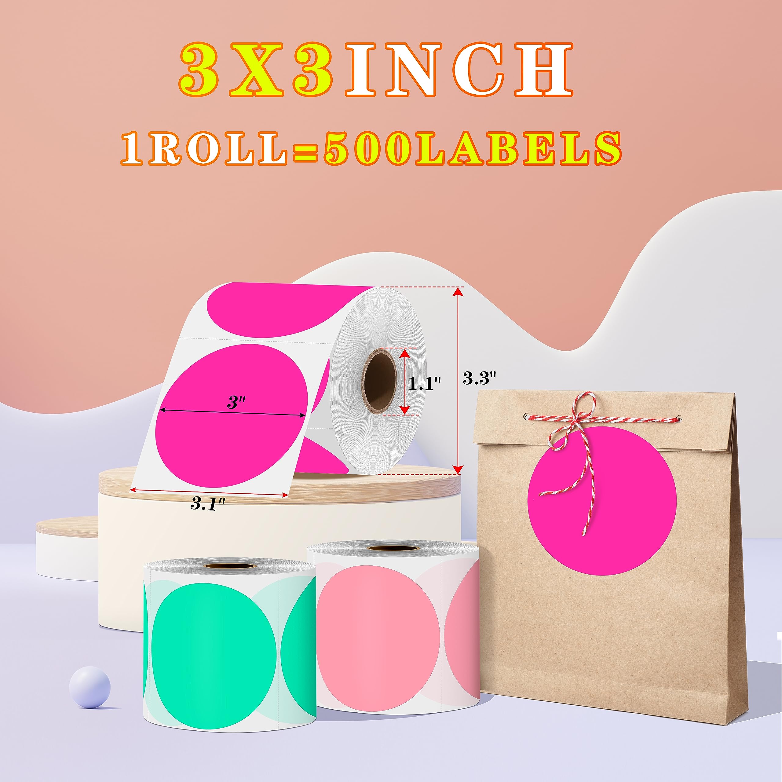 PARLAIM Runde Thermo-Etiketten, 7,6 cm, fluoreszierendes Pink, 500 Stück, Kreis-Thermodrucker-Aufkleber für Zuhause, Geschäft, Flasche, DIY-Design, QR-Code, Namensschild, Umzugskarton, Adress-Etikett