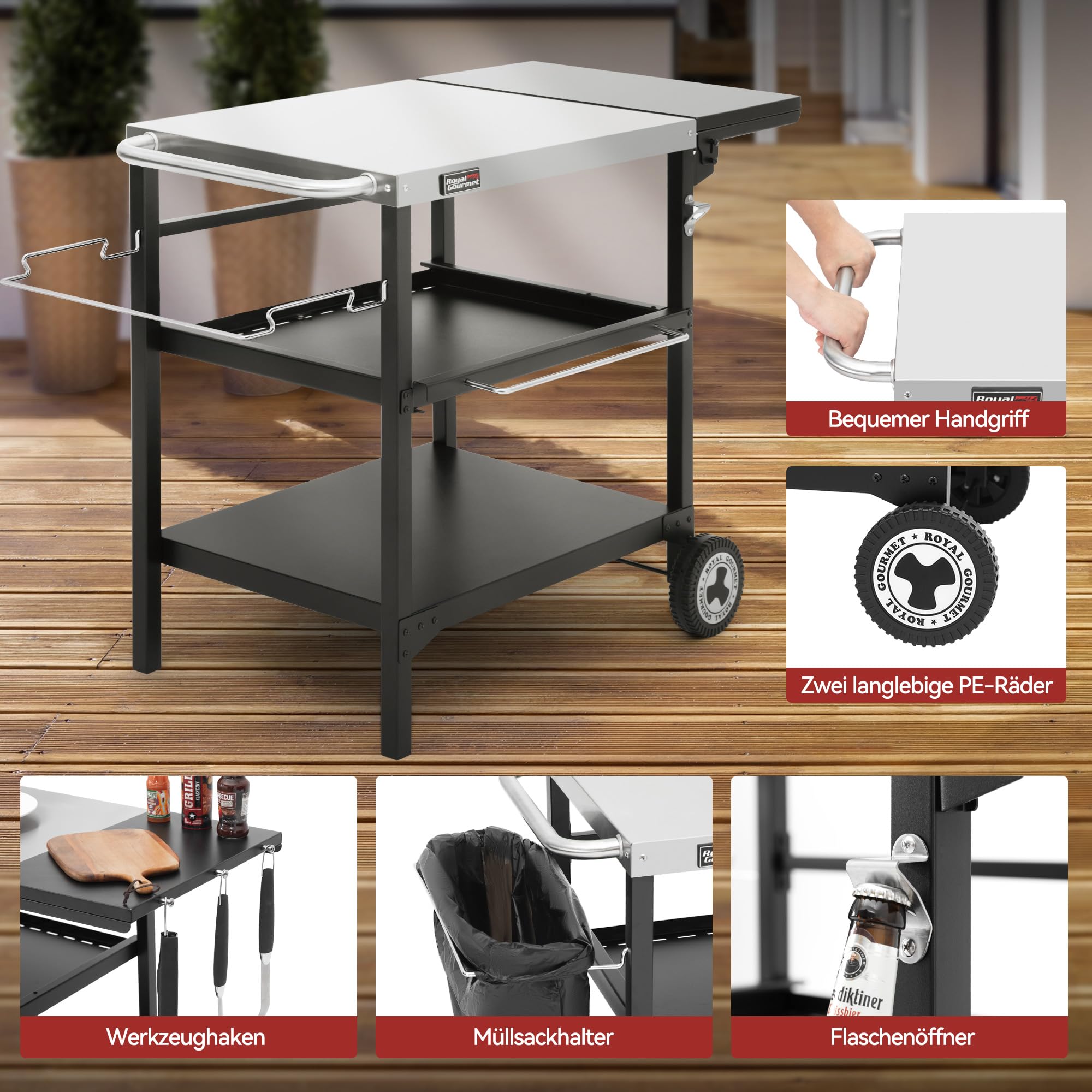 Royal Gourmet Outdoor Grilltisch, 3-Etagen Servierwagen mit 70 x 50 cm Edelstahl Tischplatte und 30 x 50 cm klappbarer Seitenablage, Beistelltisch Grillablagetisch Garten Trolley mit Push-Pull Regal