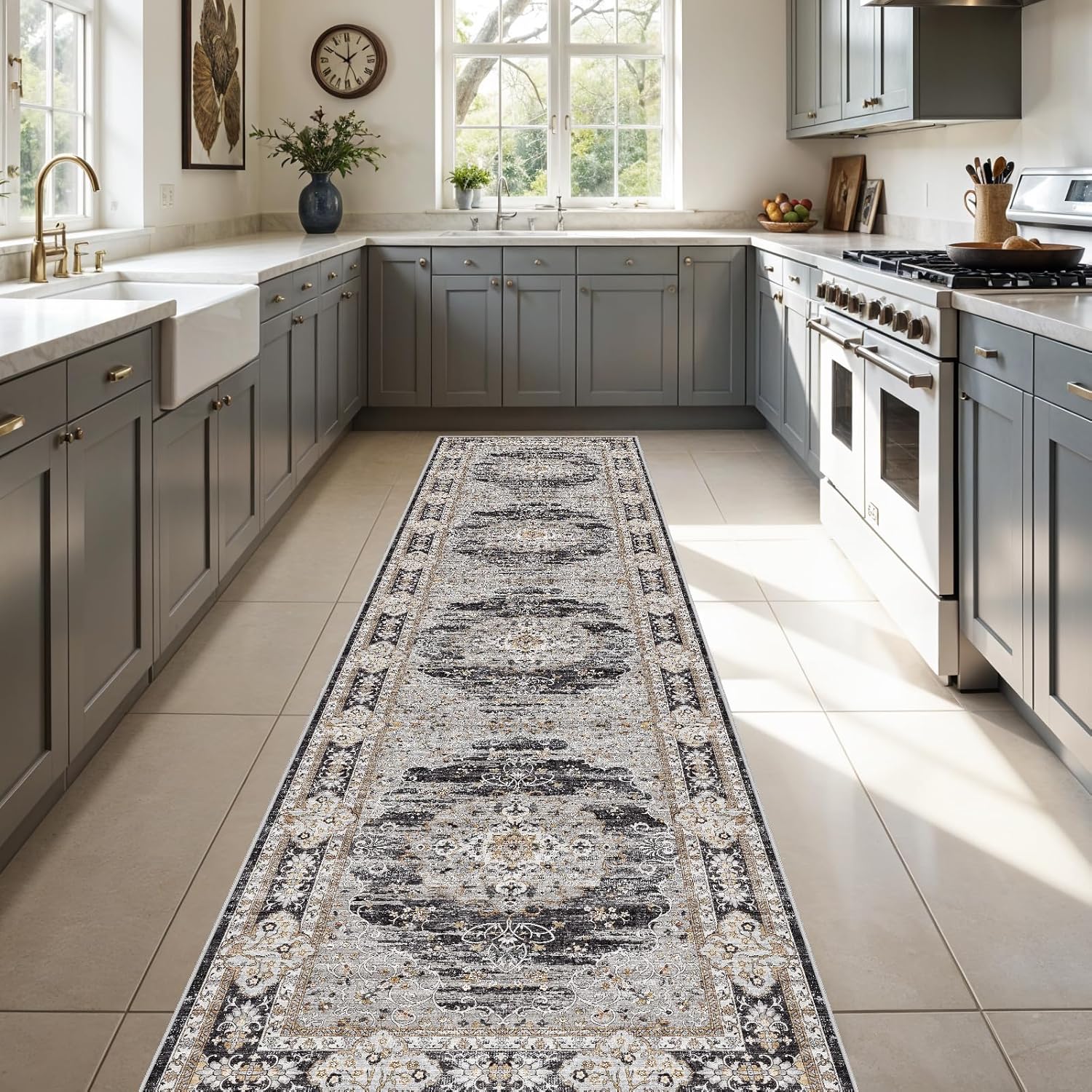 3x12 Runner Rug for Hallway Washable: Non Slip Kitchen Rugs with Rubber Backing Soft Waterproof Mats Stain Resistant Indoor Vintage Carpet Runner for Bedroom Bathroom Laundry Entryway Black/Gray Black/Gray 3' x 12'