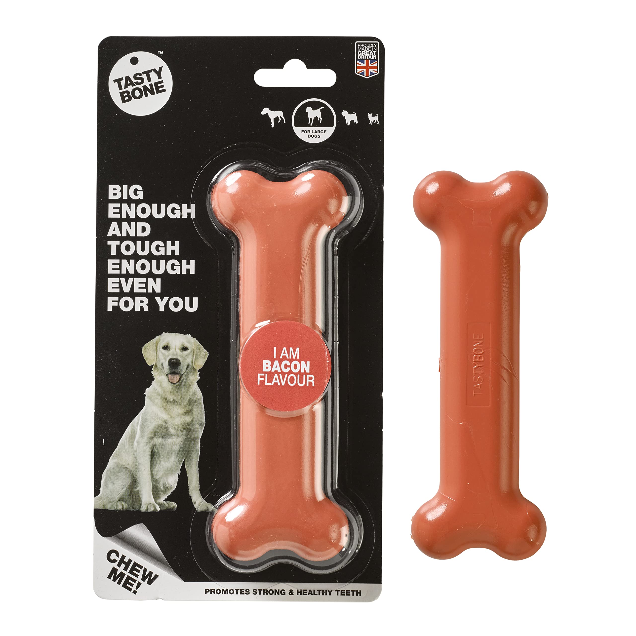 TastyBone Nylon Dog Chew Toy for Large Dogs (Bacon) - Indestructible for Aggressive Chewers, Everlasting Flavour, Strong Healthy Teeth, Made in the UK