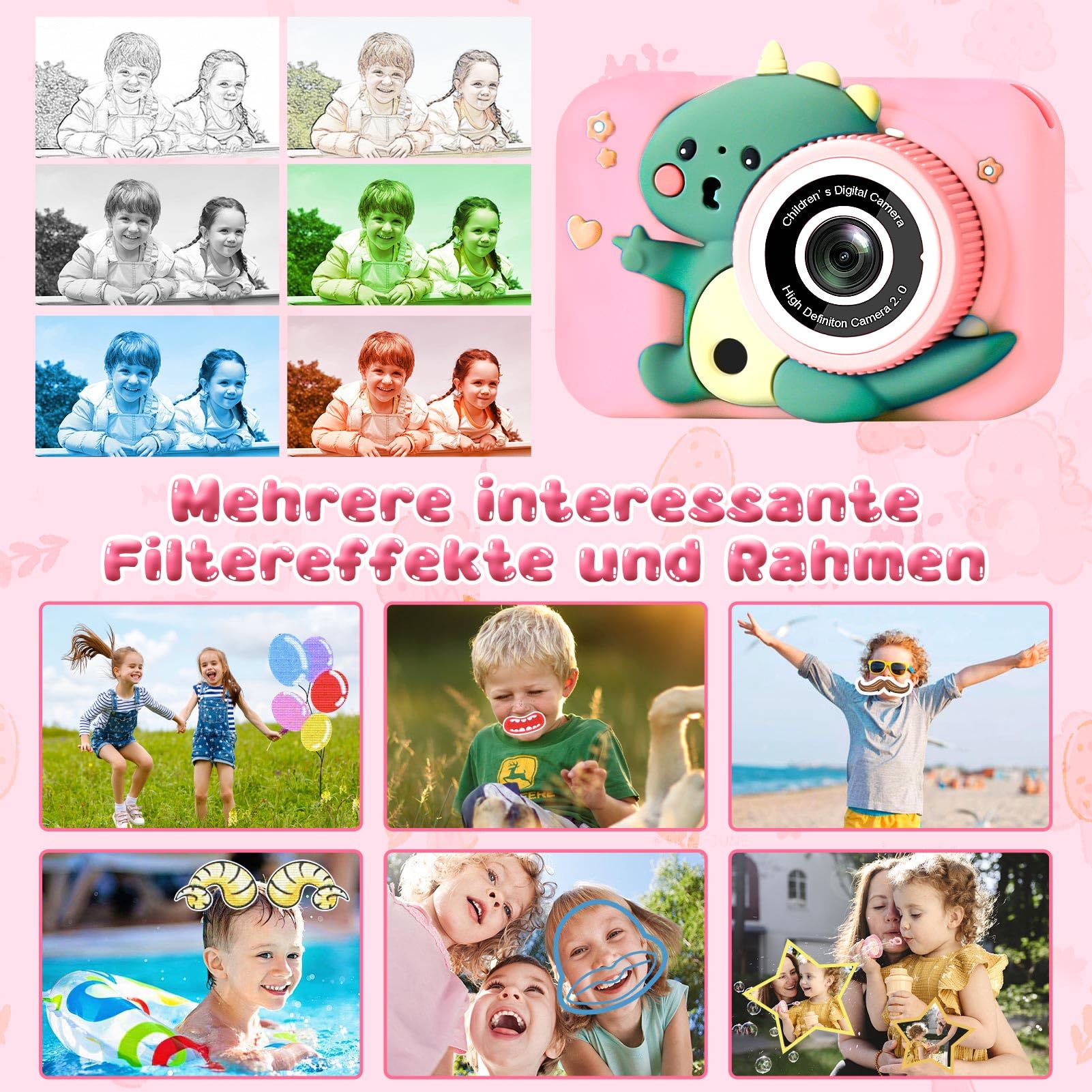 MILFECH 1080P HD 2,0-Zoll-Bildschirm Digitalkamera Kinder mit Selfie Video Kamera 32GB-Karte für 3-12 Jahre Jungen Mädchen Spielzeug Dinosaurier Fotoapparat Rosa