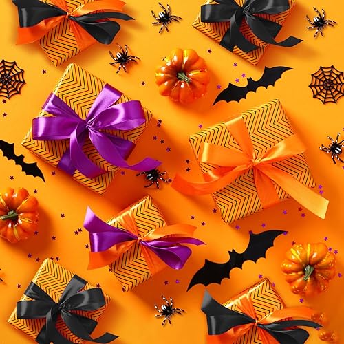 Miniatura 3 de ASTARON Cinta de satén para manualidades de Halloween, 1 pulgada, cinta de tela de color liso morado, negro y naranja para envolver regalos, ramos,