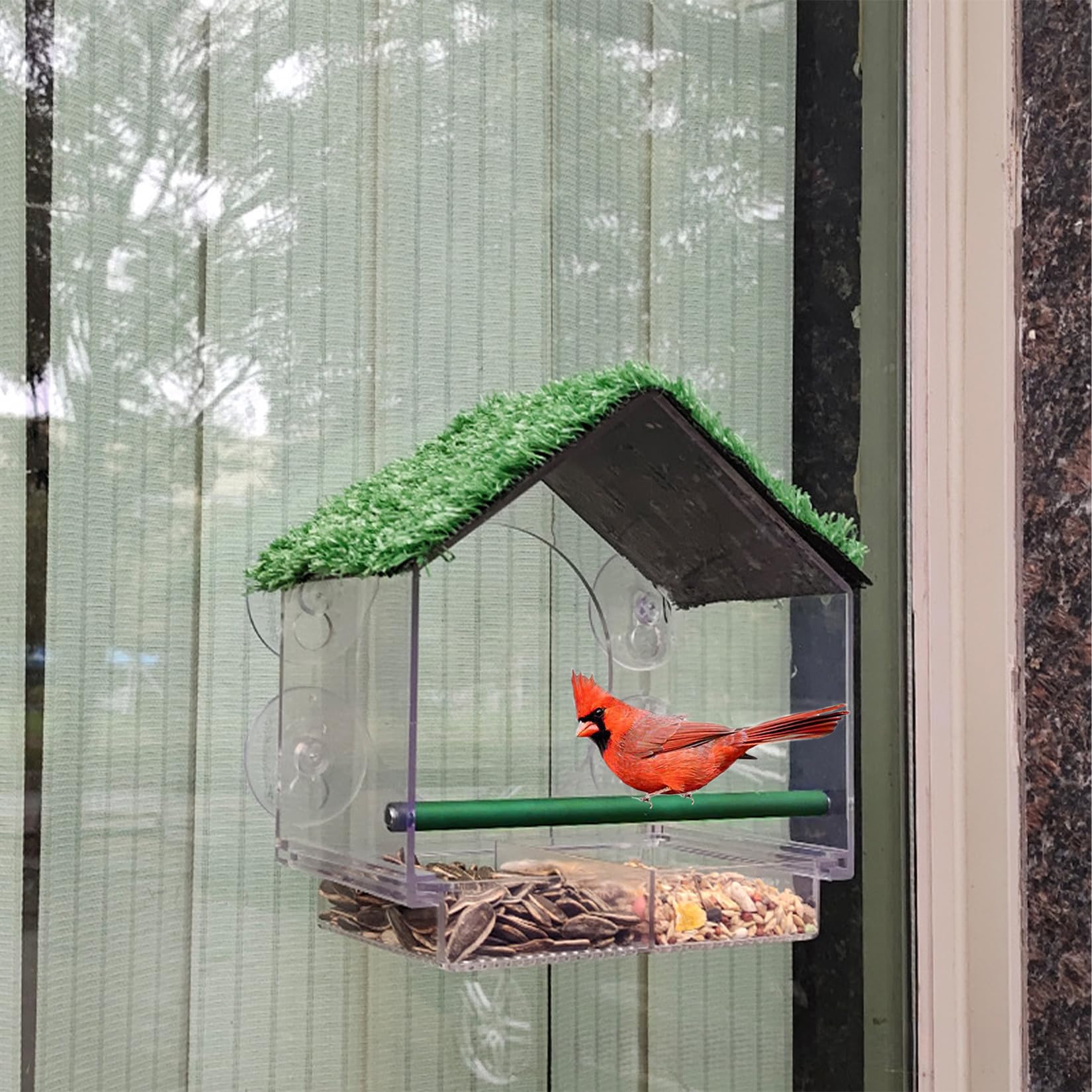 Window Bird Feeder with Strong Suction Cups, Removable Tray with Drain Holes Artificial Grass Sloped Roof for Bird Watching Bird Feeders for Small Birds Squirrel Proof Bird Feed