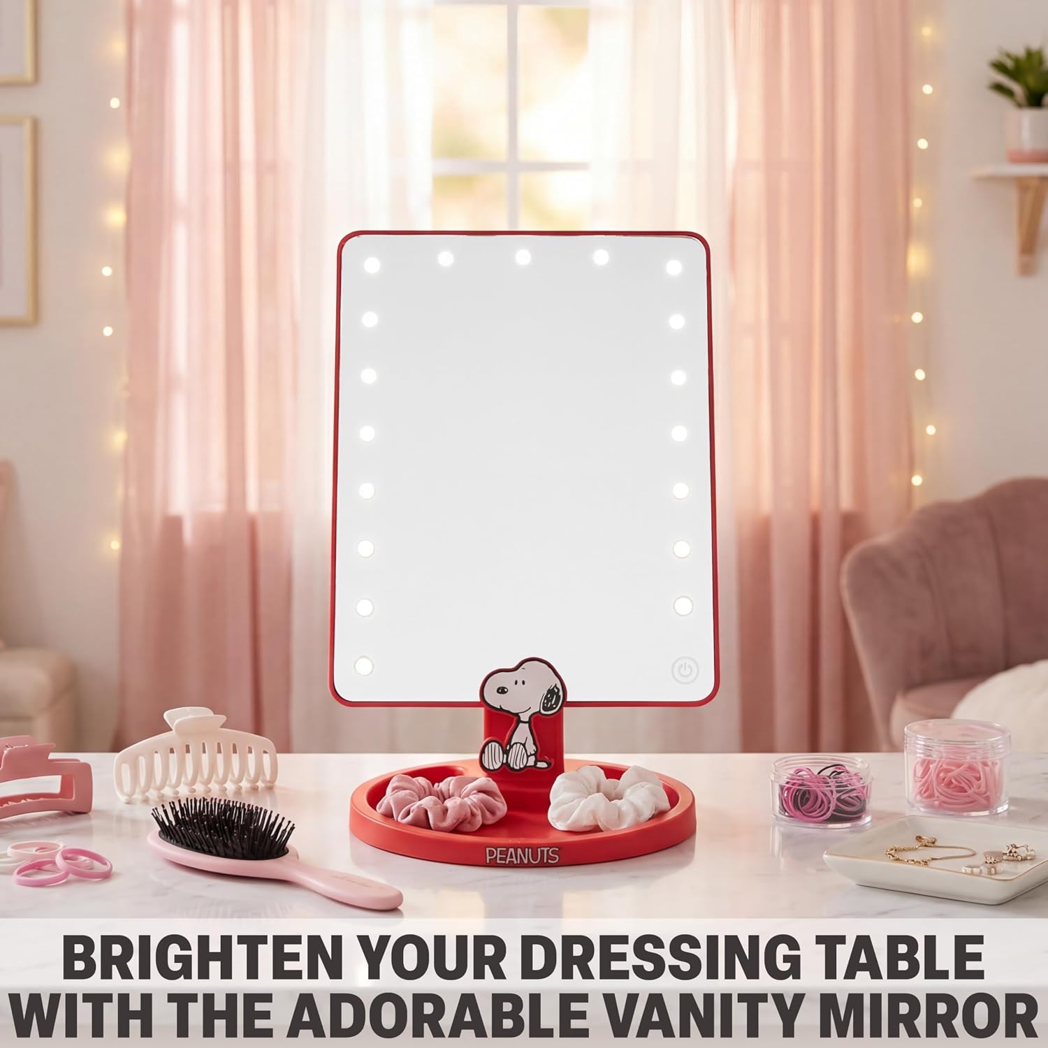 Get Trend Peanuts Snoopy Girls Vanity Makeup Mirror with Lights, Battery Operated LED Travel & Desk Mirror with Trinket Tray & Detachable Stand, Gifts for Women, Teens, Girls (Red Snoopy)